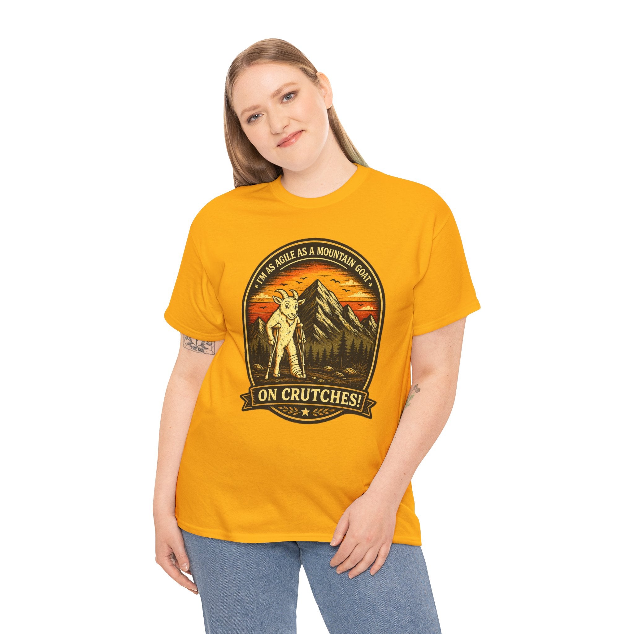 Funny Mountain Goat On Crutches Retro T Shirt – Hiking Recovery Graphic Tee for Campers & Outdoor Lovers