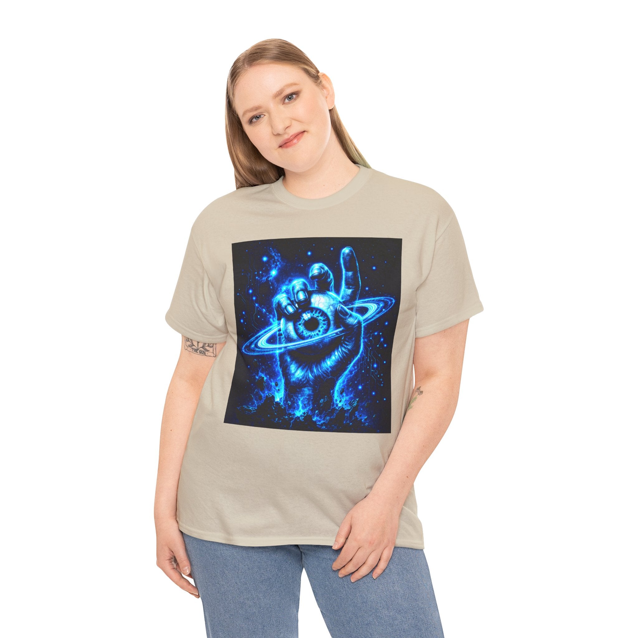 Sci Fi Cosmic Hand Planet Eye T Shirt – Neon Blue Space Graphic Tee