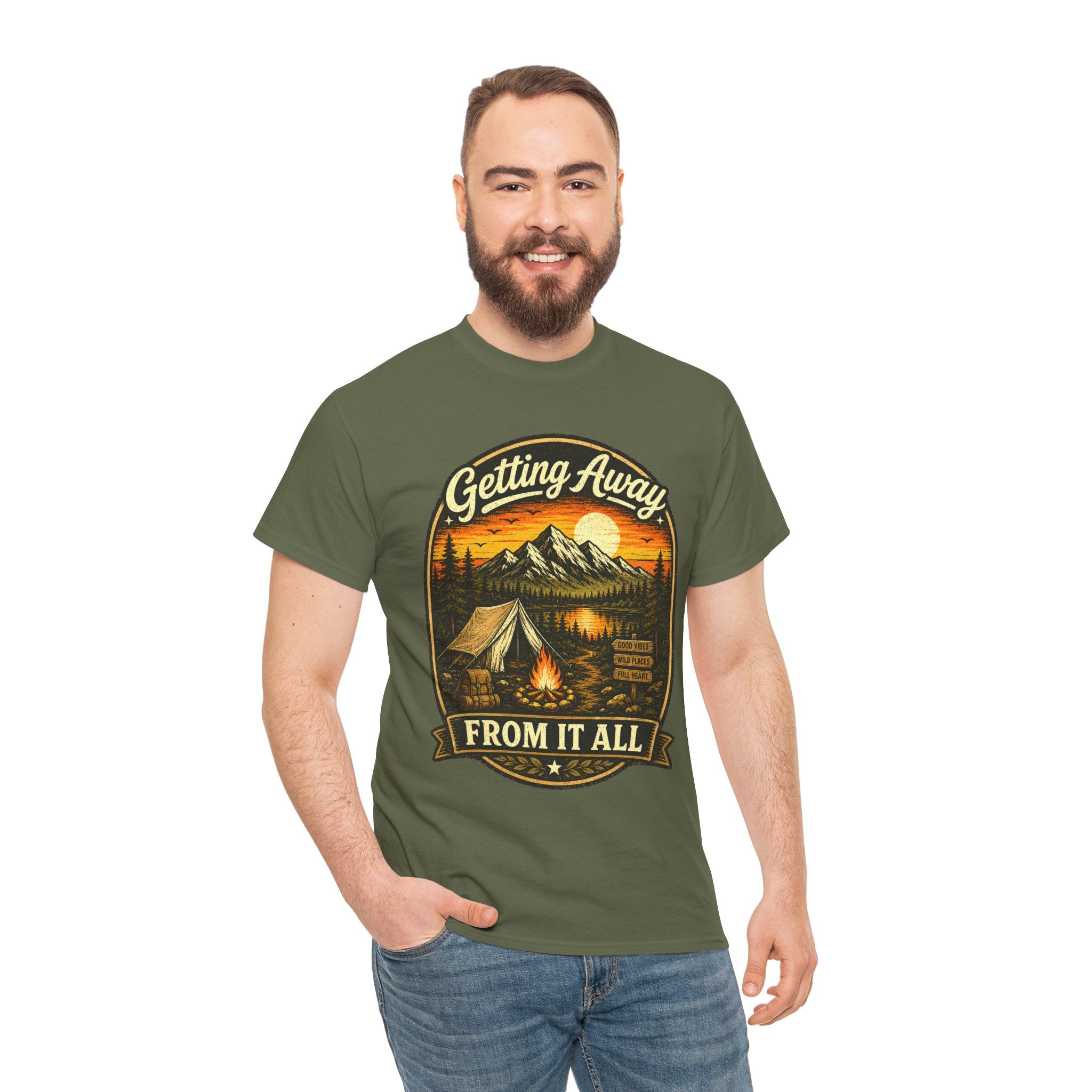 Getting Away From It All Camping T Shirt – Vintage Mountain Campfire Graphic Tee for Outdoor Lovers
