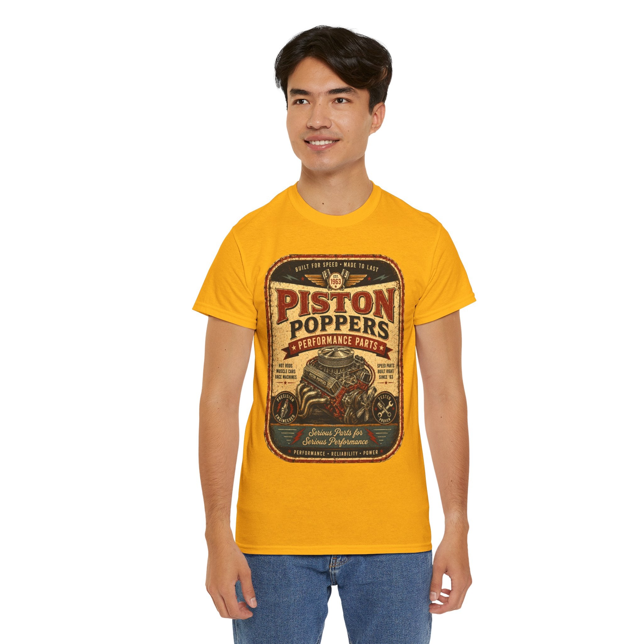 Piston Poppers Vintage Car T-Shirt – Retro Hot Rod Mechanic Graphic Tee for Car Enthusiasts
