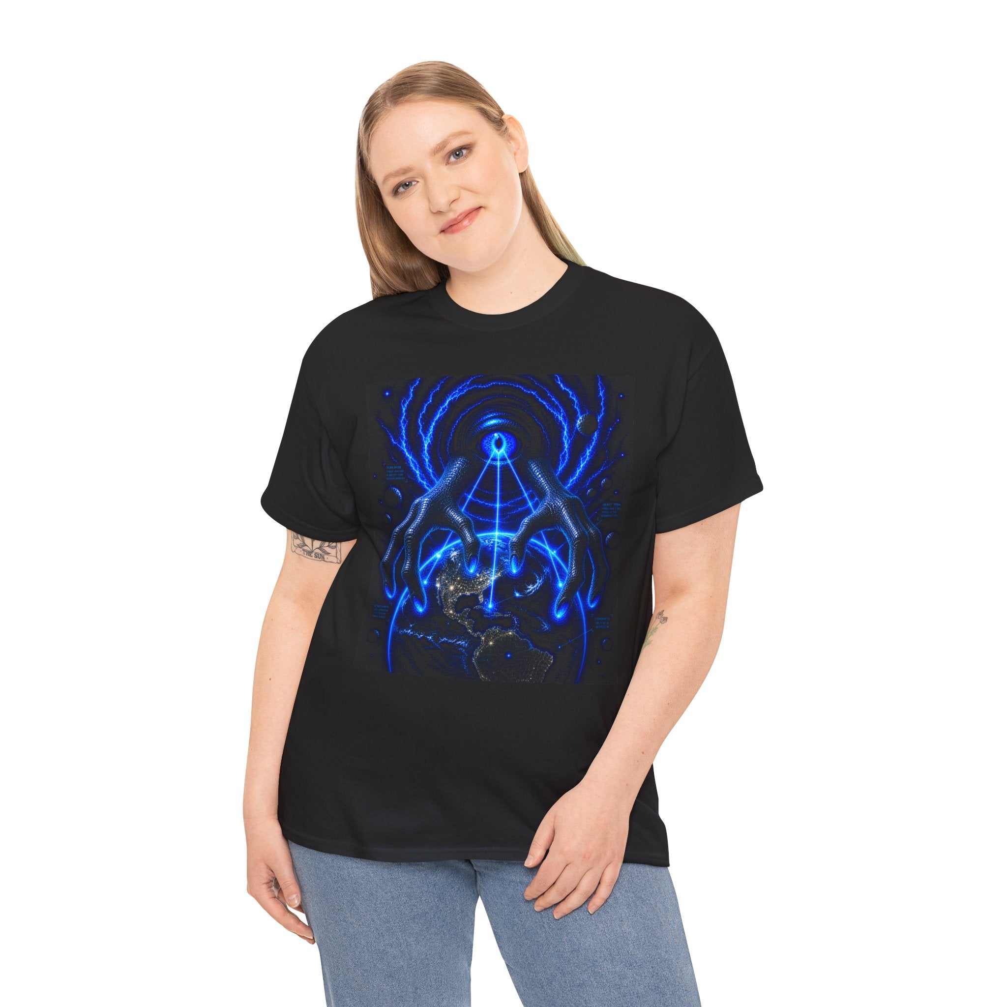 Sci Fi Cosmic Alien Grab T Shirt – Neon Blue Mystic Eye Graphic Tee