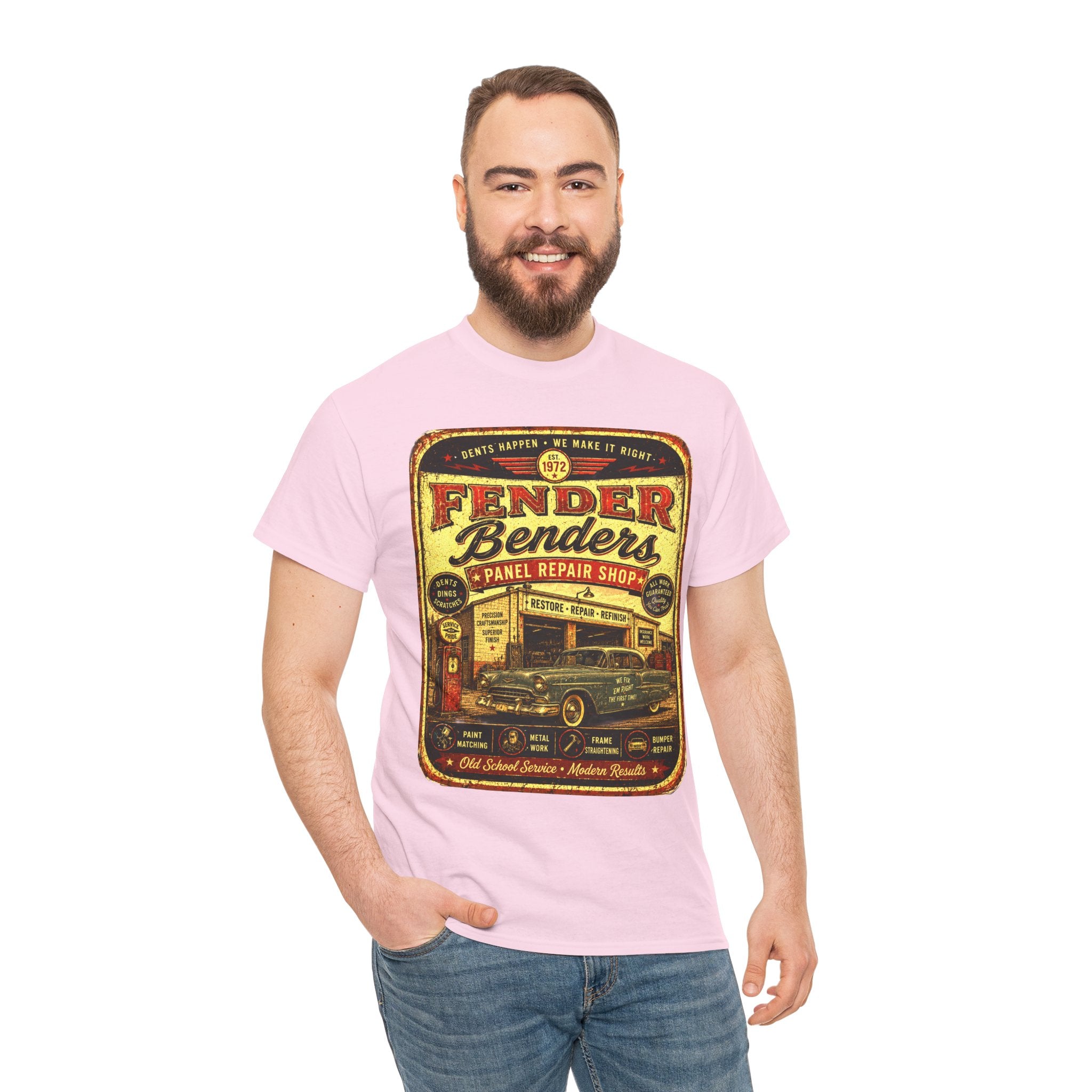 Fender Benders Vintage Panel Repair Shop T-Shirt – Retro Auto Mechanic Garage Graphic Tee
