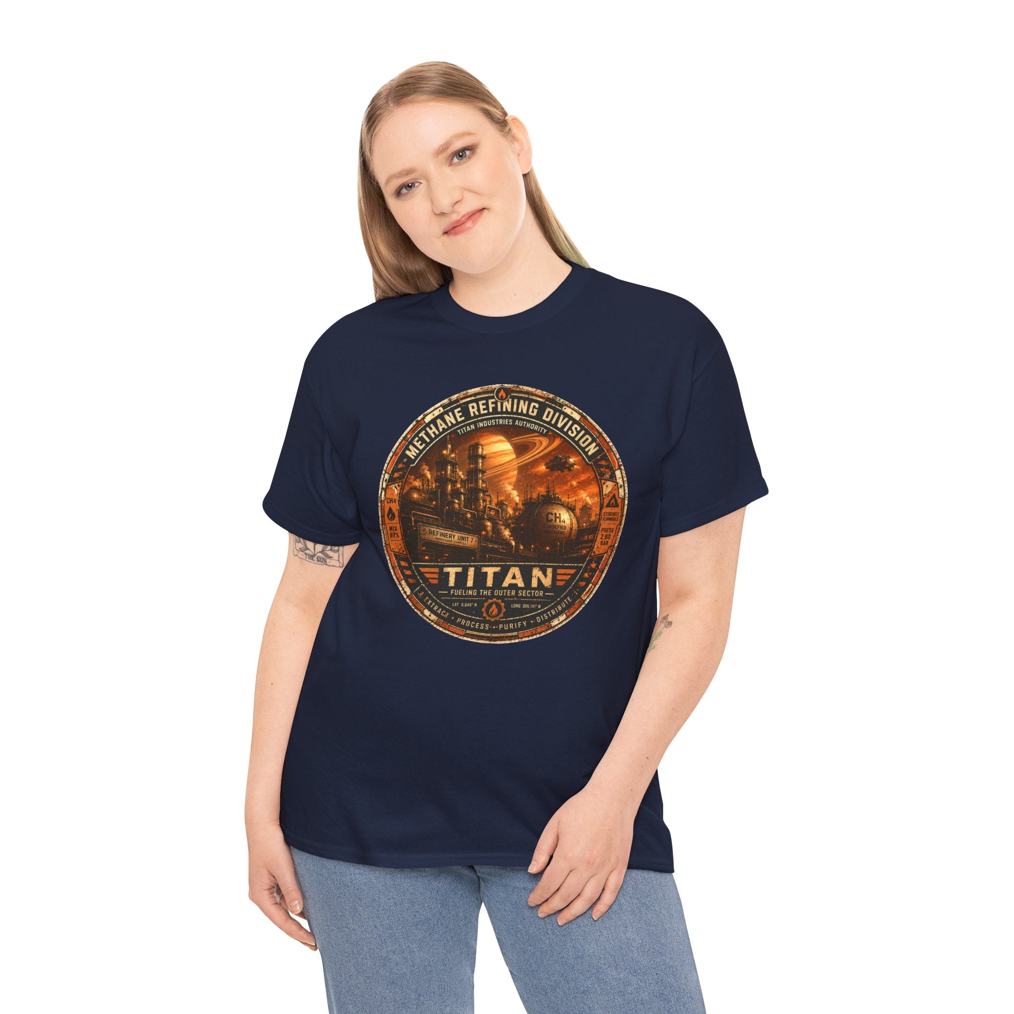Titan Methane Refining Division T Shirt – Retro Sci Fi Industrial Graphic Tee