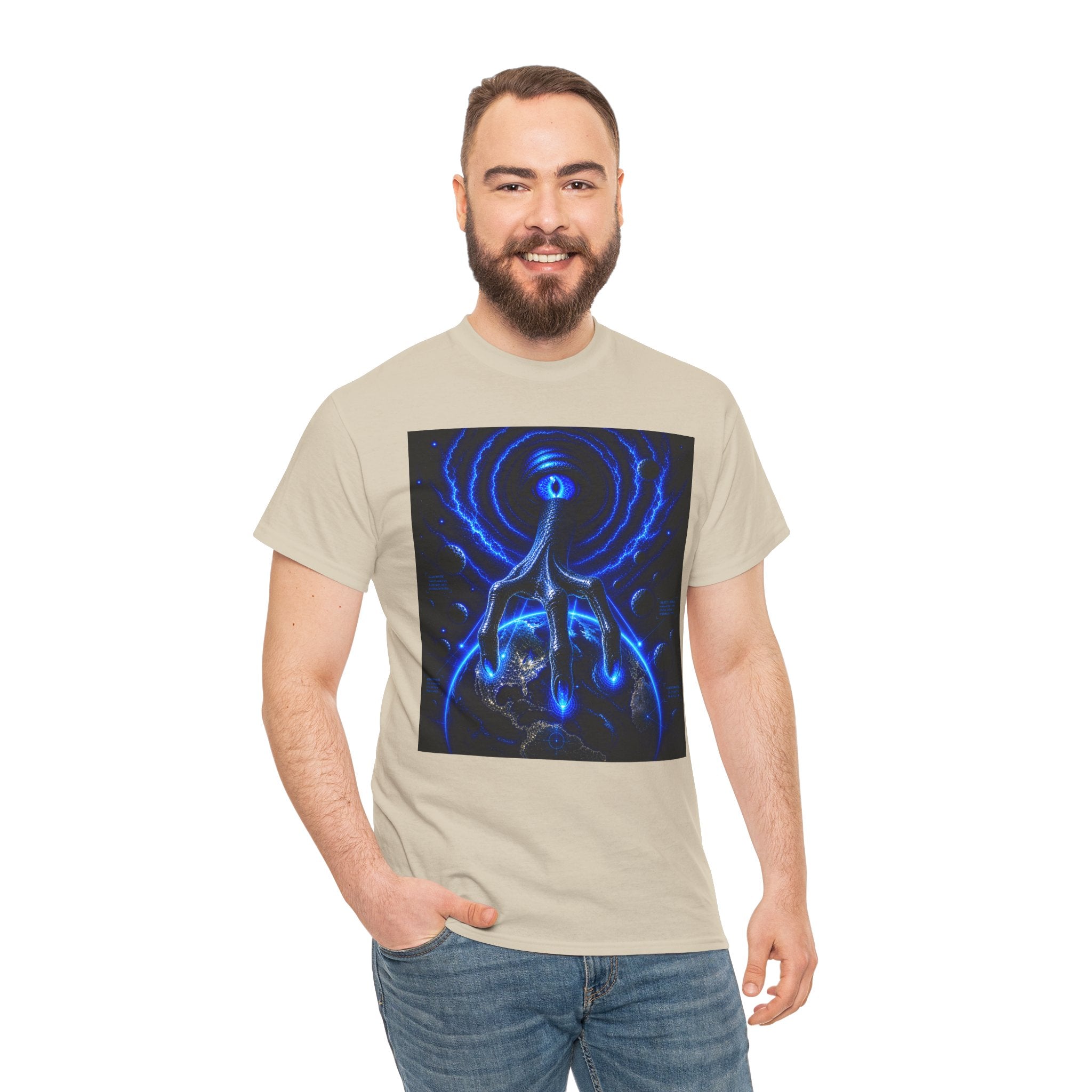 Sci Fi Cosmic Alien Hand T Shirt – Neon Blue Vision Graphic Tee
