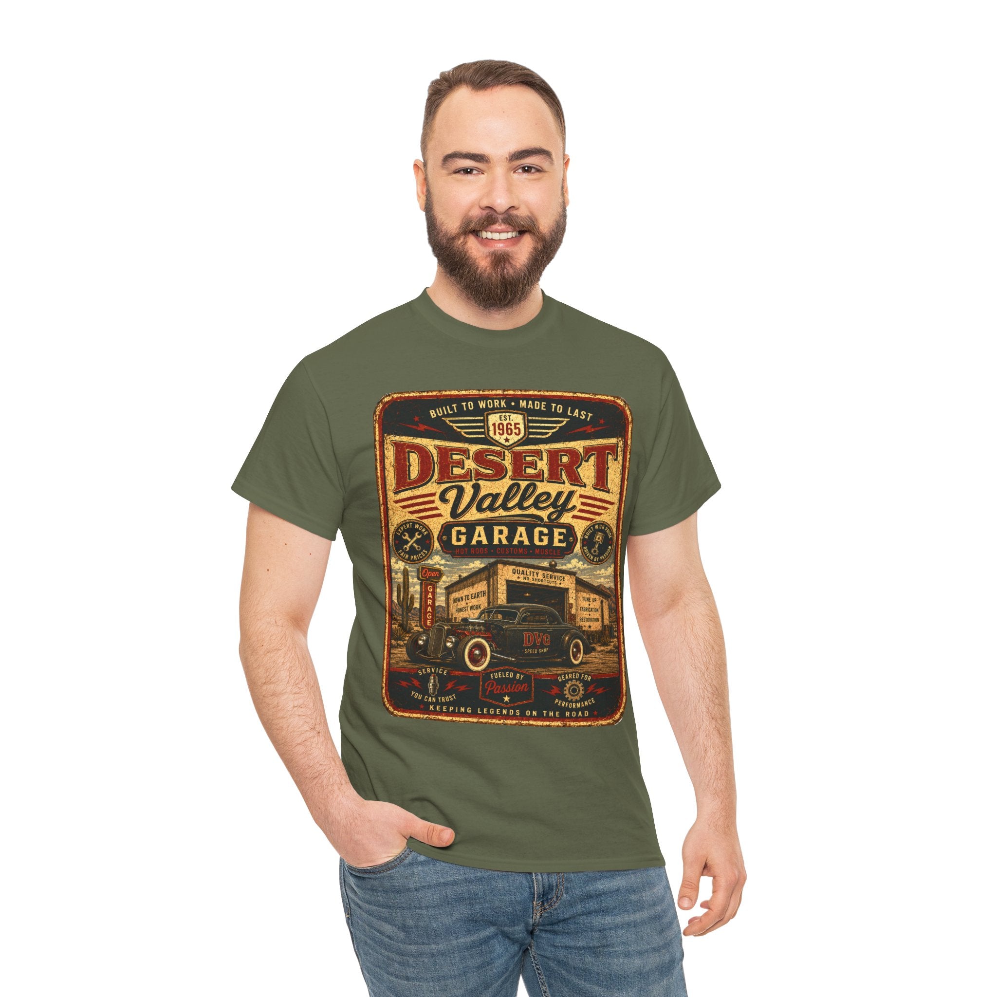 Desert Valley Garage Vintage Car T Shirt – Retro Hot Rod Garage Graphic Tee for Car Lovers