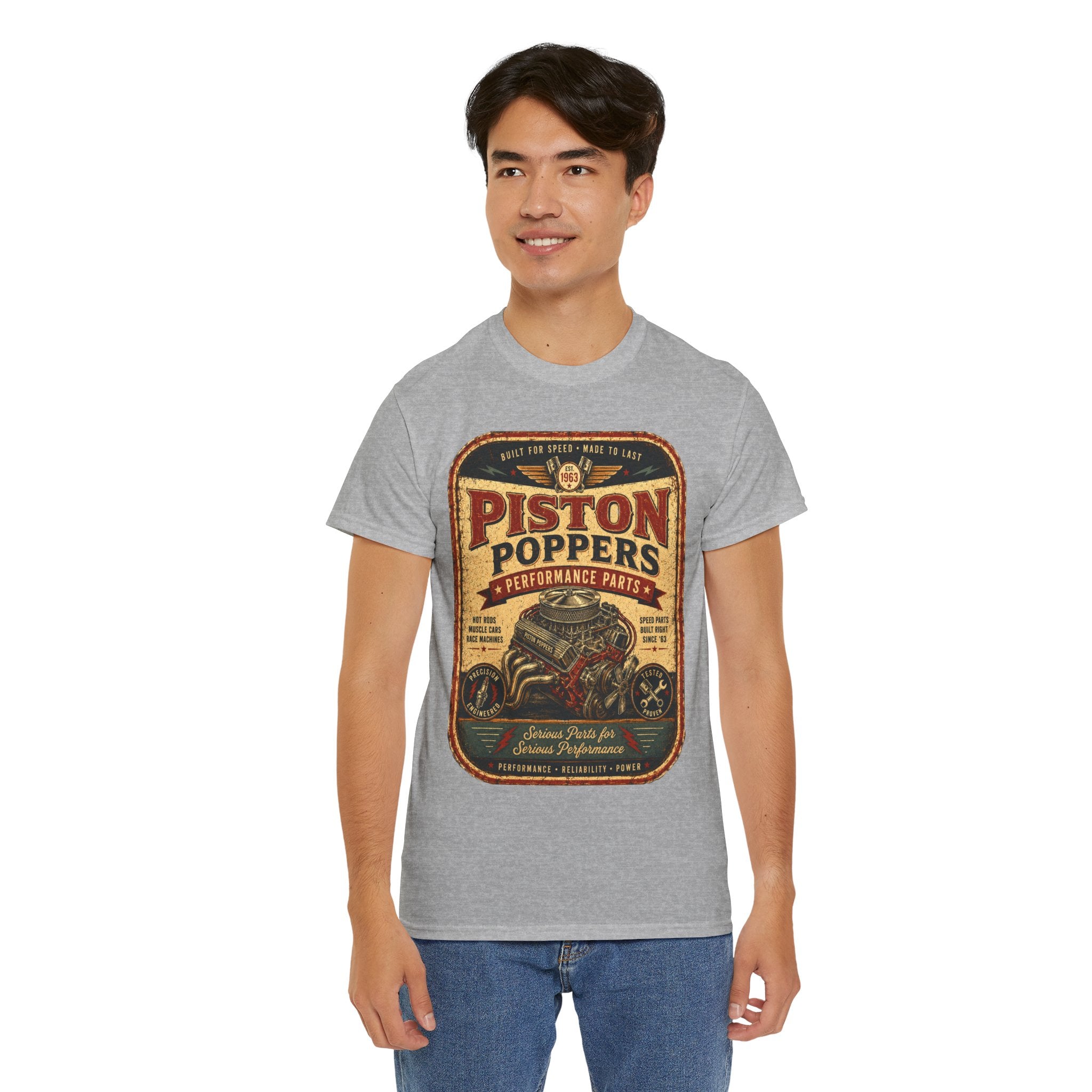 Piston Poppers Vintage Car T-Shirt – Retro Hot Rod Mechanic Graphic Tee for Car Enthusiasts