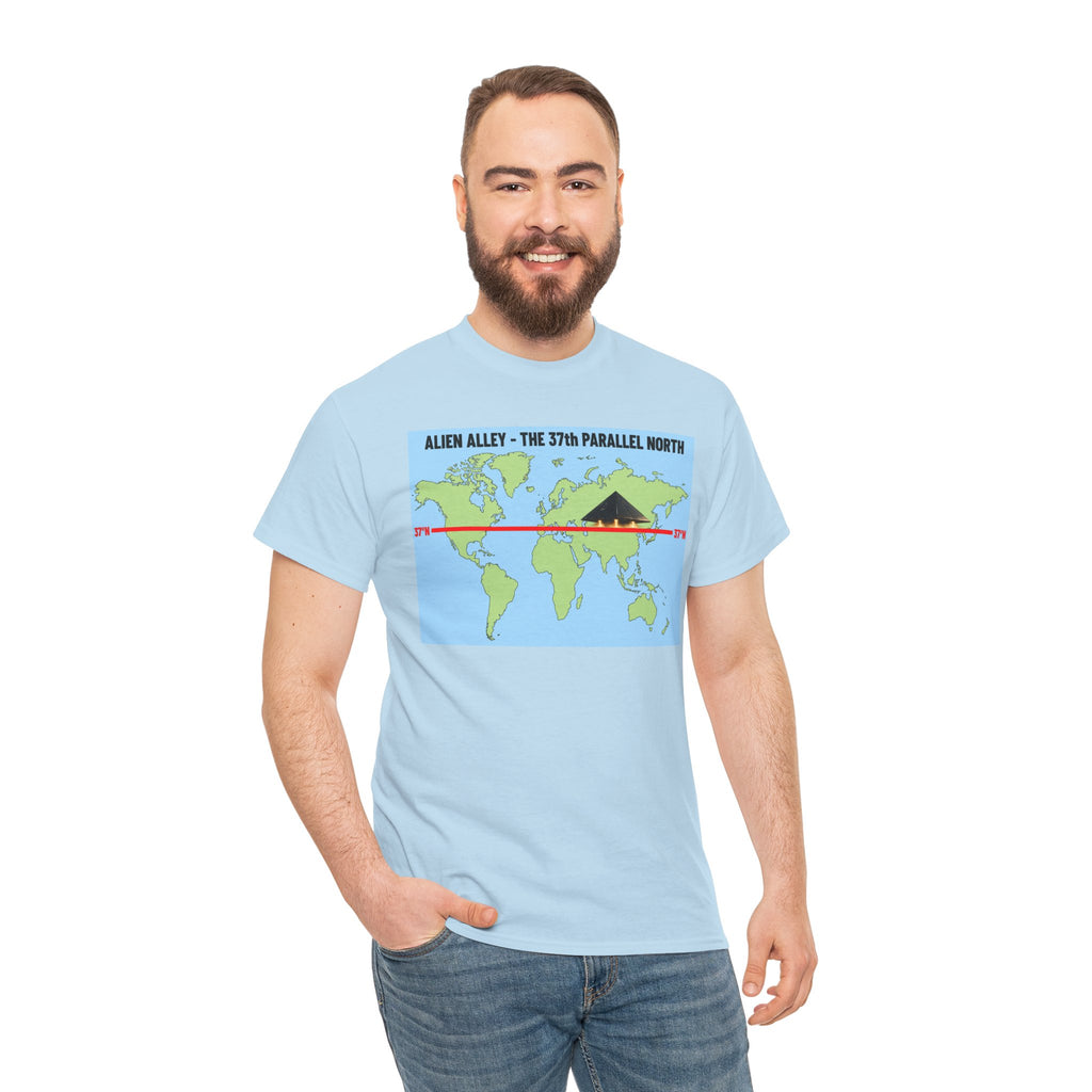 Alien Alley 37th Parallel North T-Shirt – Ancient Aliens UFO World Map Graphic Tee