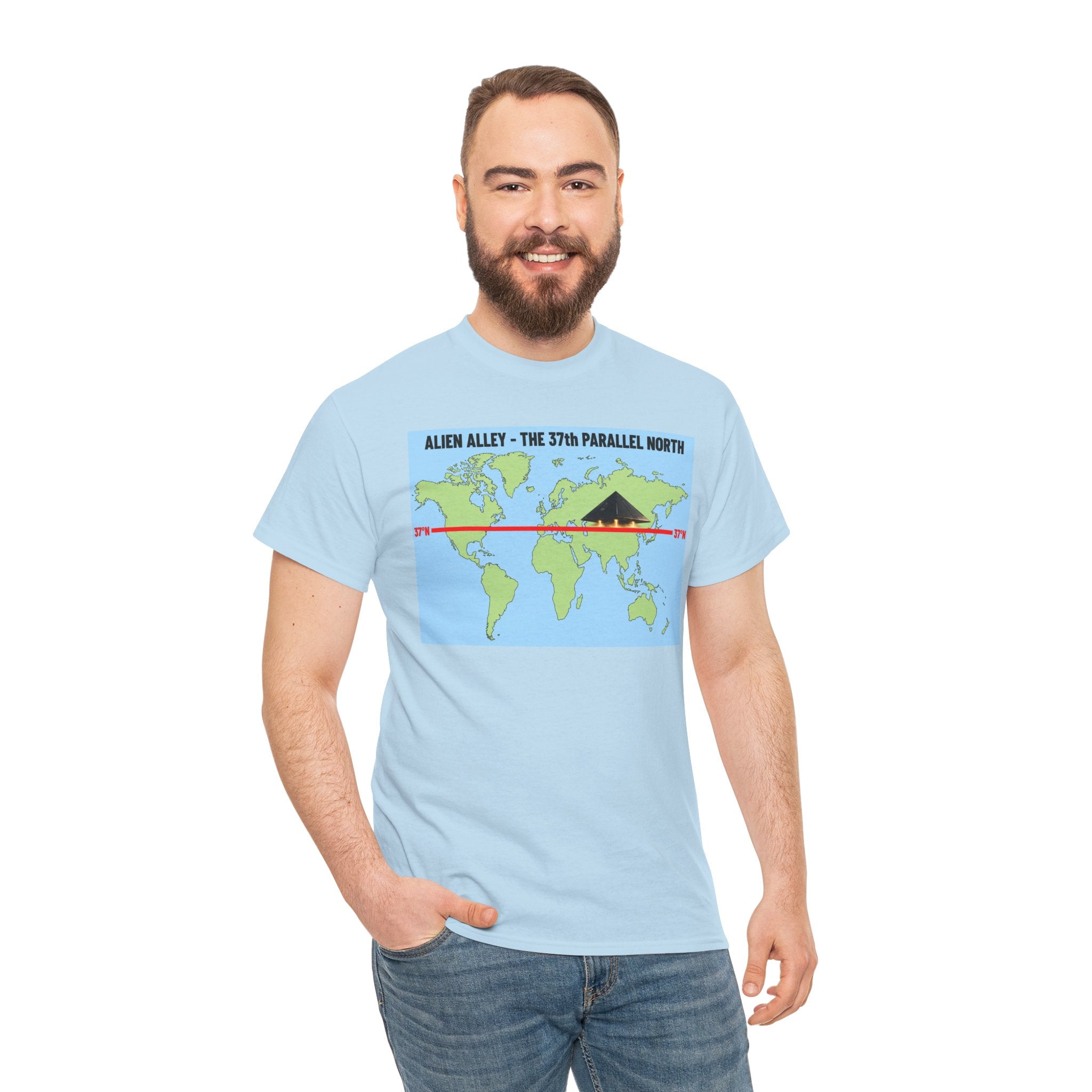 Alien Alley 37th Parallel North T-Shirt – Ancient Aliens UFO World Map Graphic Tee