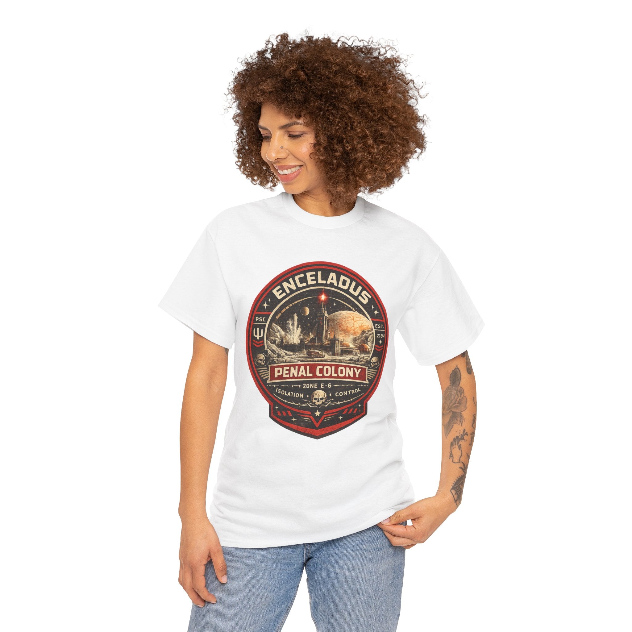 Enceladus Penal Colony T Shirt – Retro Sci Fi Space Prison Graphic Tee