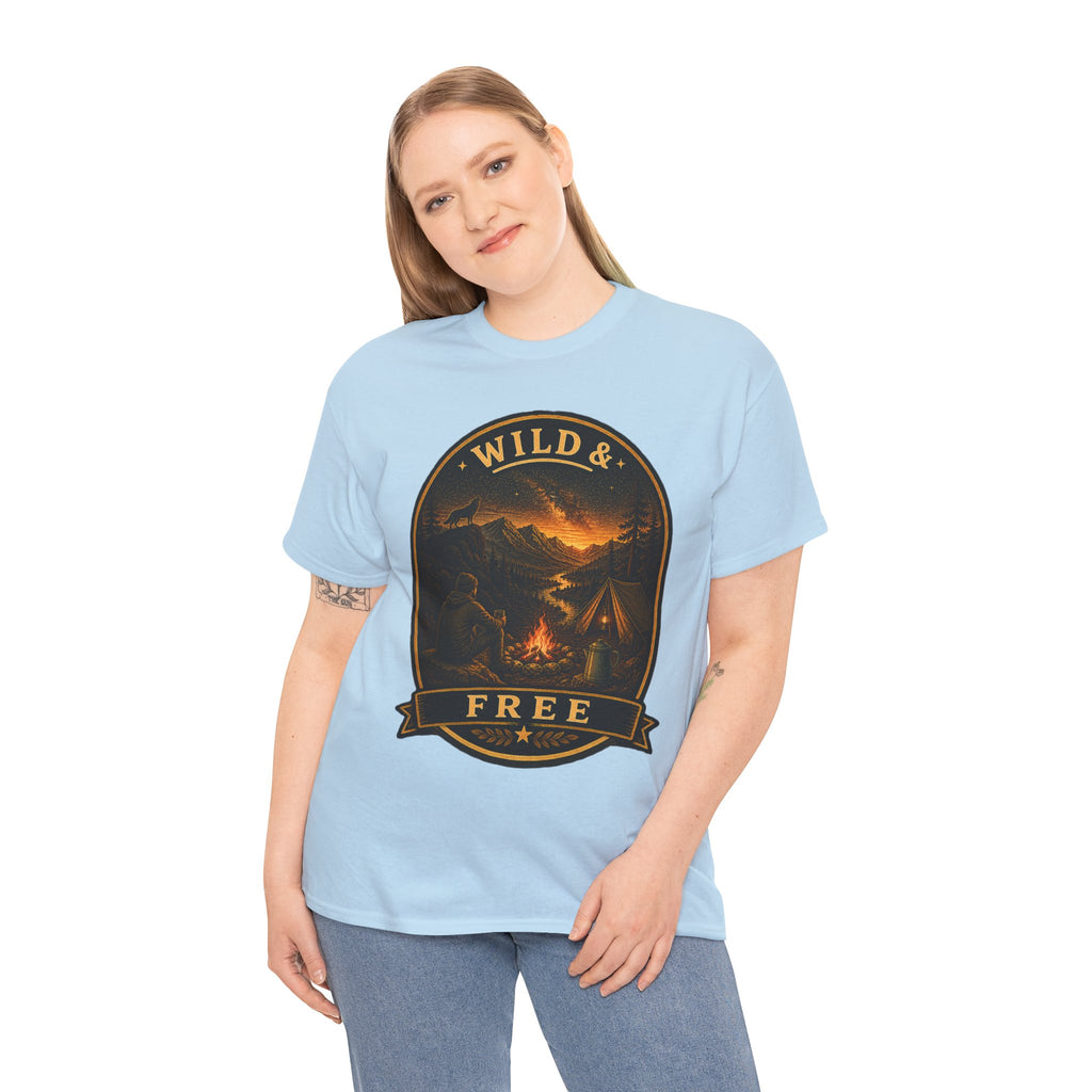 Wild & Free Camping T Shirt – Vintage Outdoor Adventure Graphic Tee with Campfire & Mountain Design