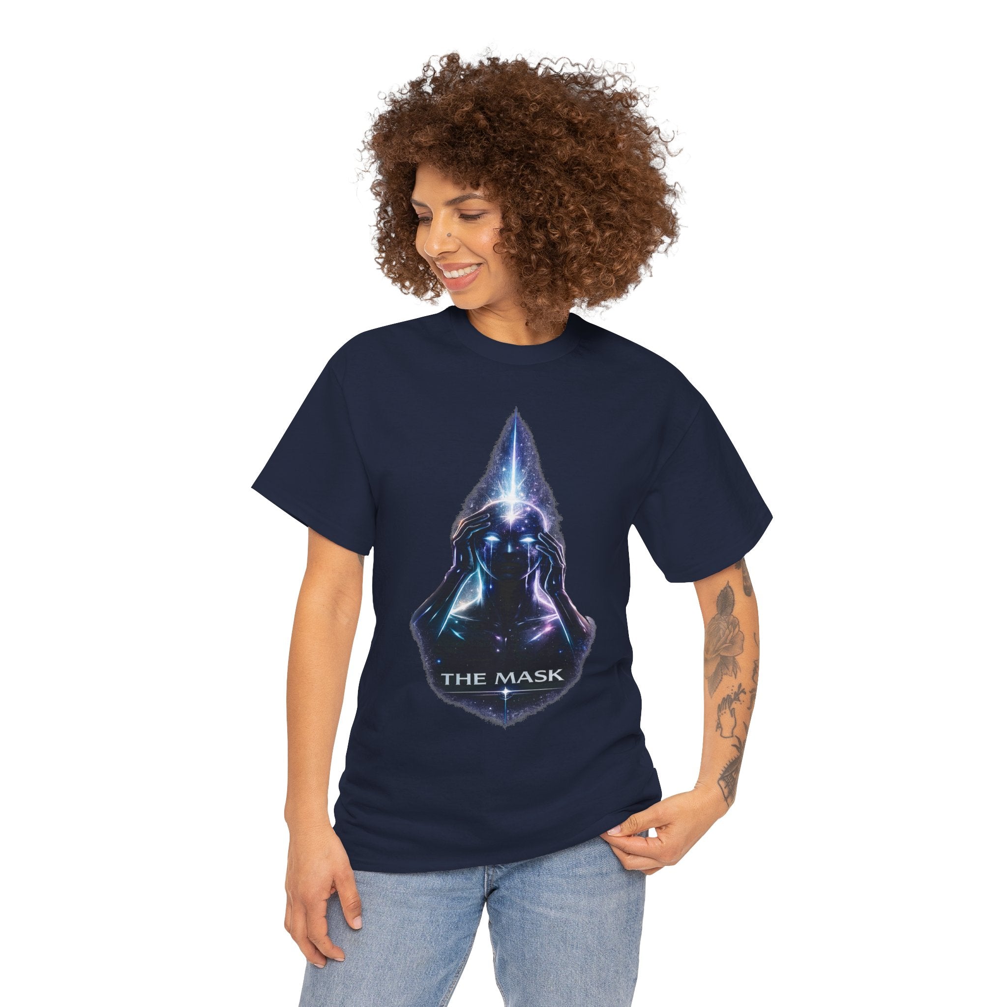 The Mask Cosmic Graphic T Shirt – Mystical Hooded Figure Spiritual Streetwear Tee