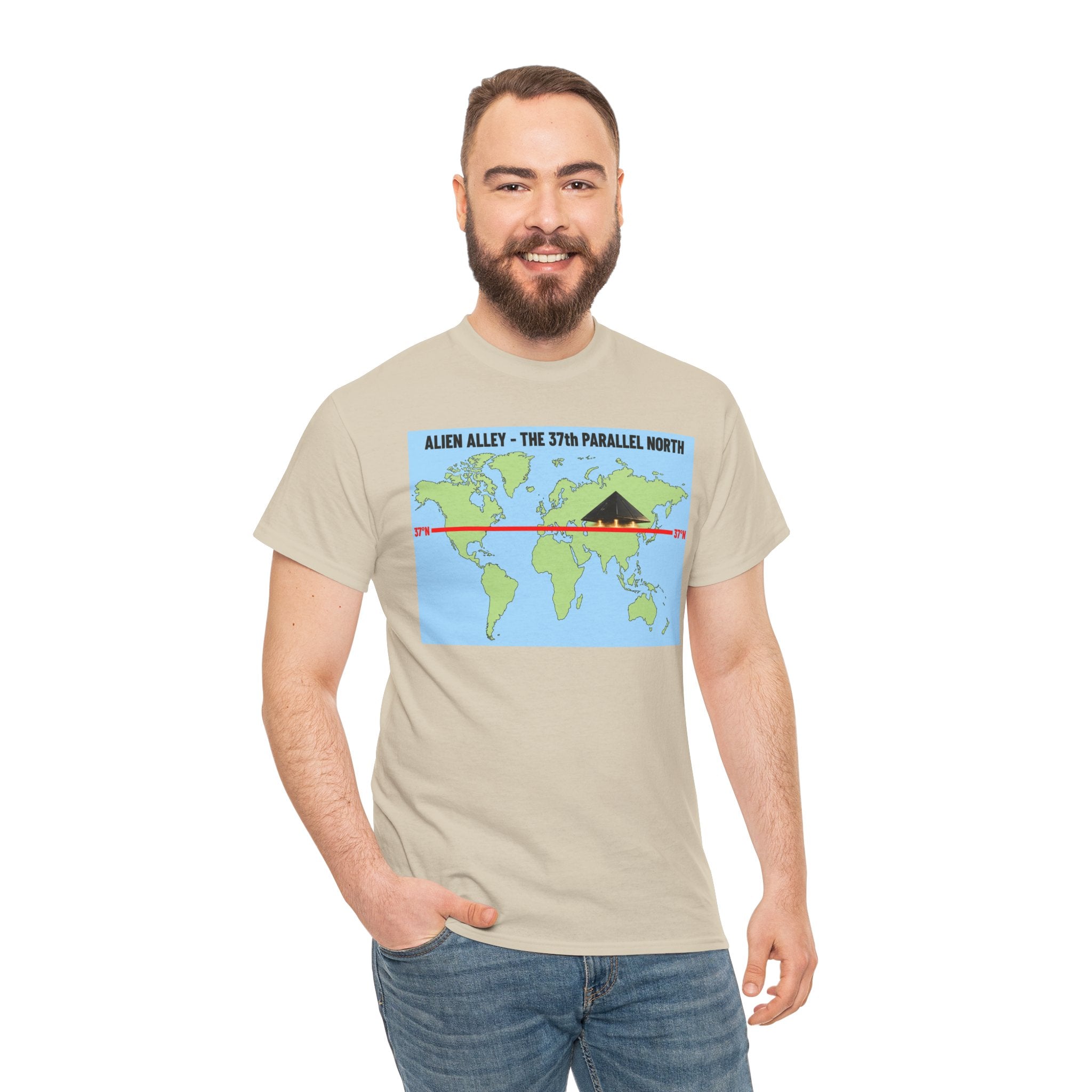 Alien Alley 37th Parallel North T-Shirt – Ancient Aliens UFO World Map Graphic Tee