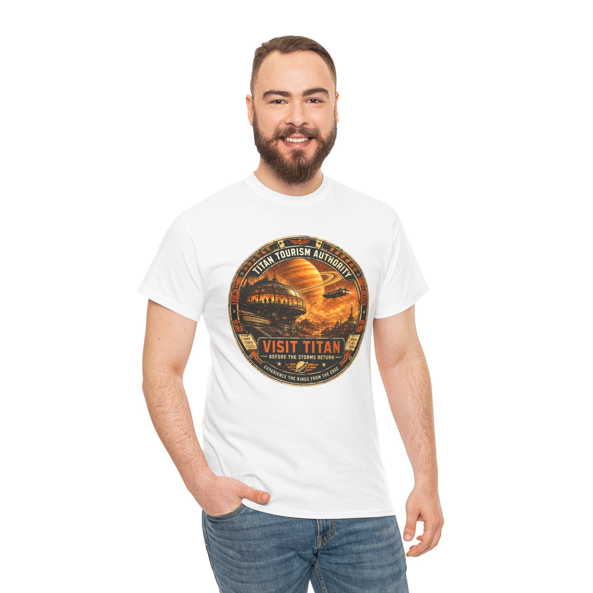 Visit Titan Vintage Space Travel T Shirt – Retro Sci Fi Graphic Tee