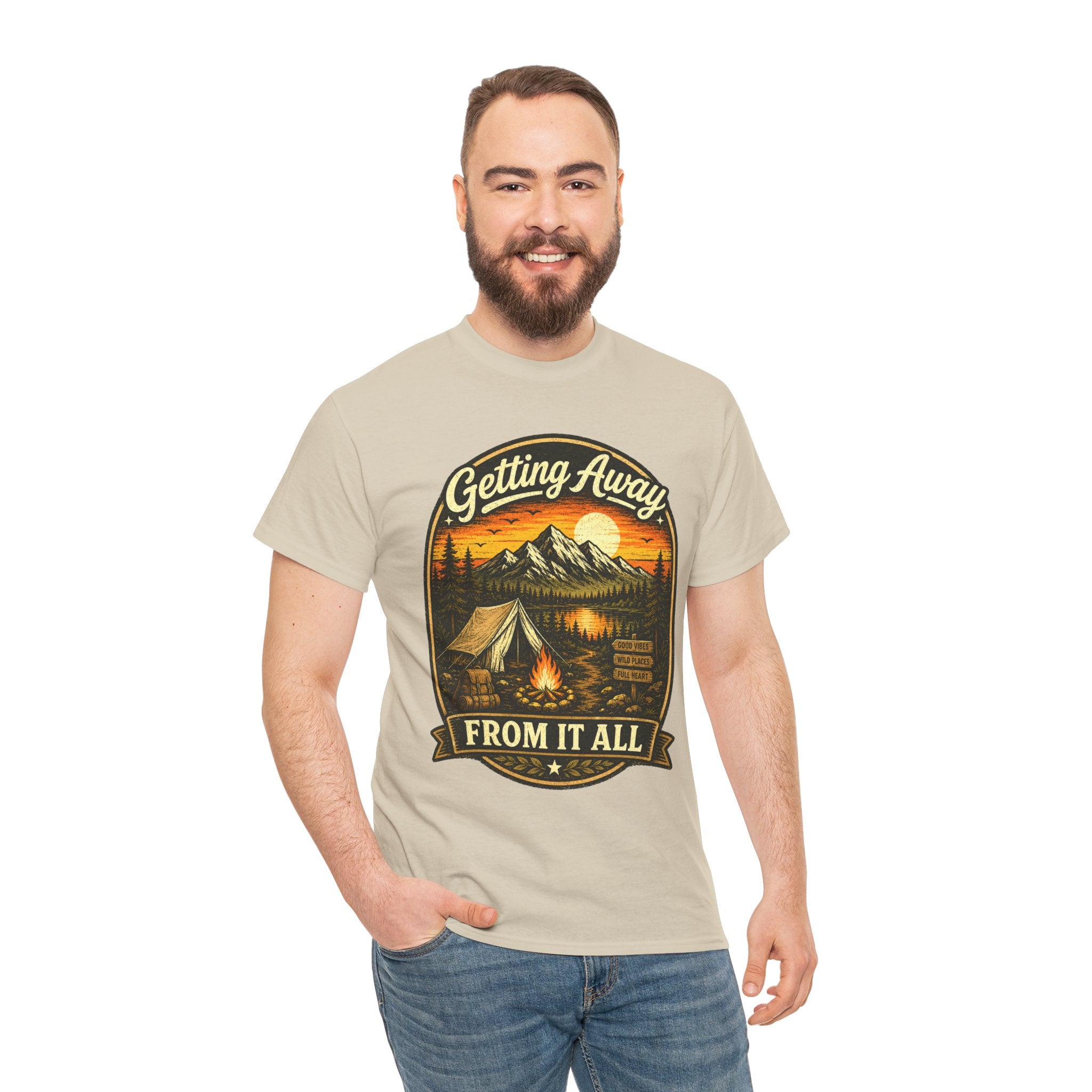 Getting Away From It All Camping T Shirt – Vintage Mountain Campfire Graphic Tee for Outdoor Lovers