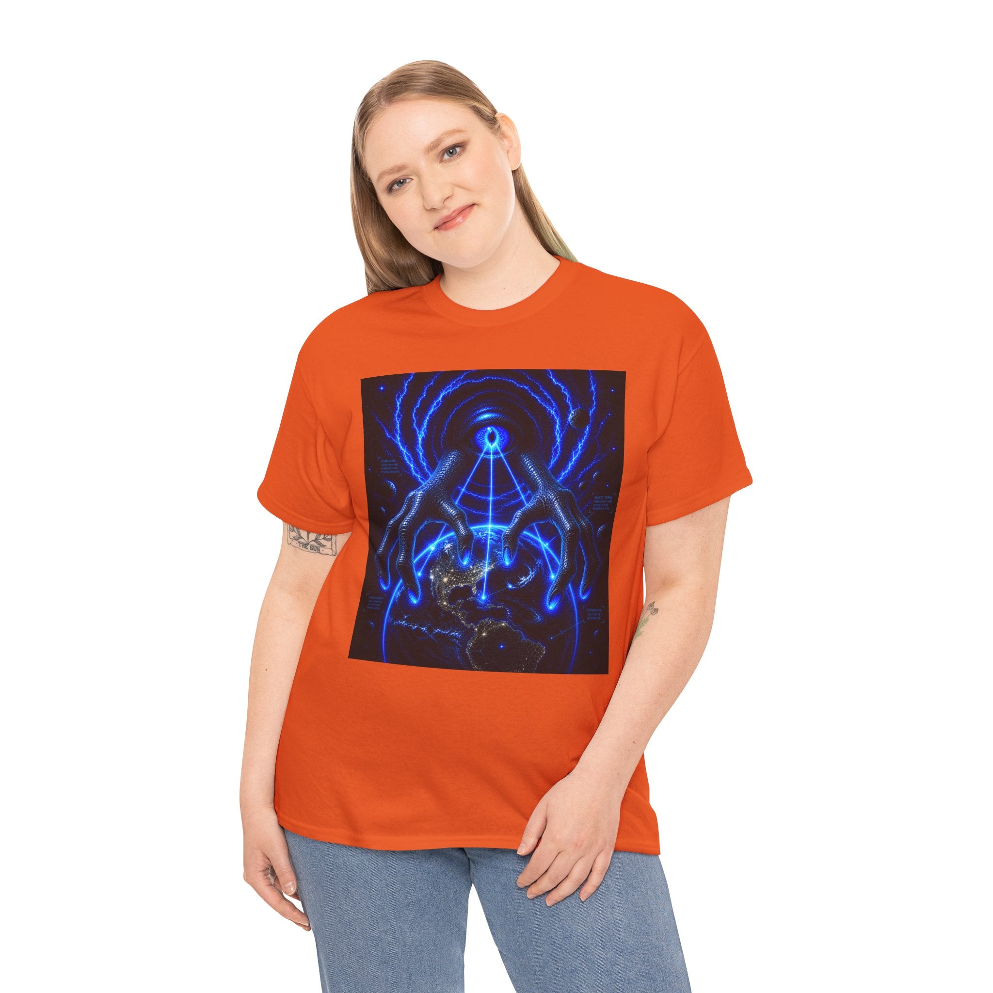Sci Fi Cosmic Alien Grab T Shirt – Neon Blue Mystic Eye Graphic Tee