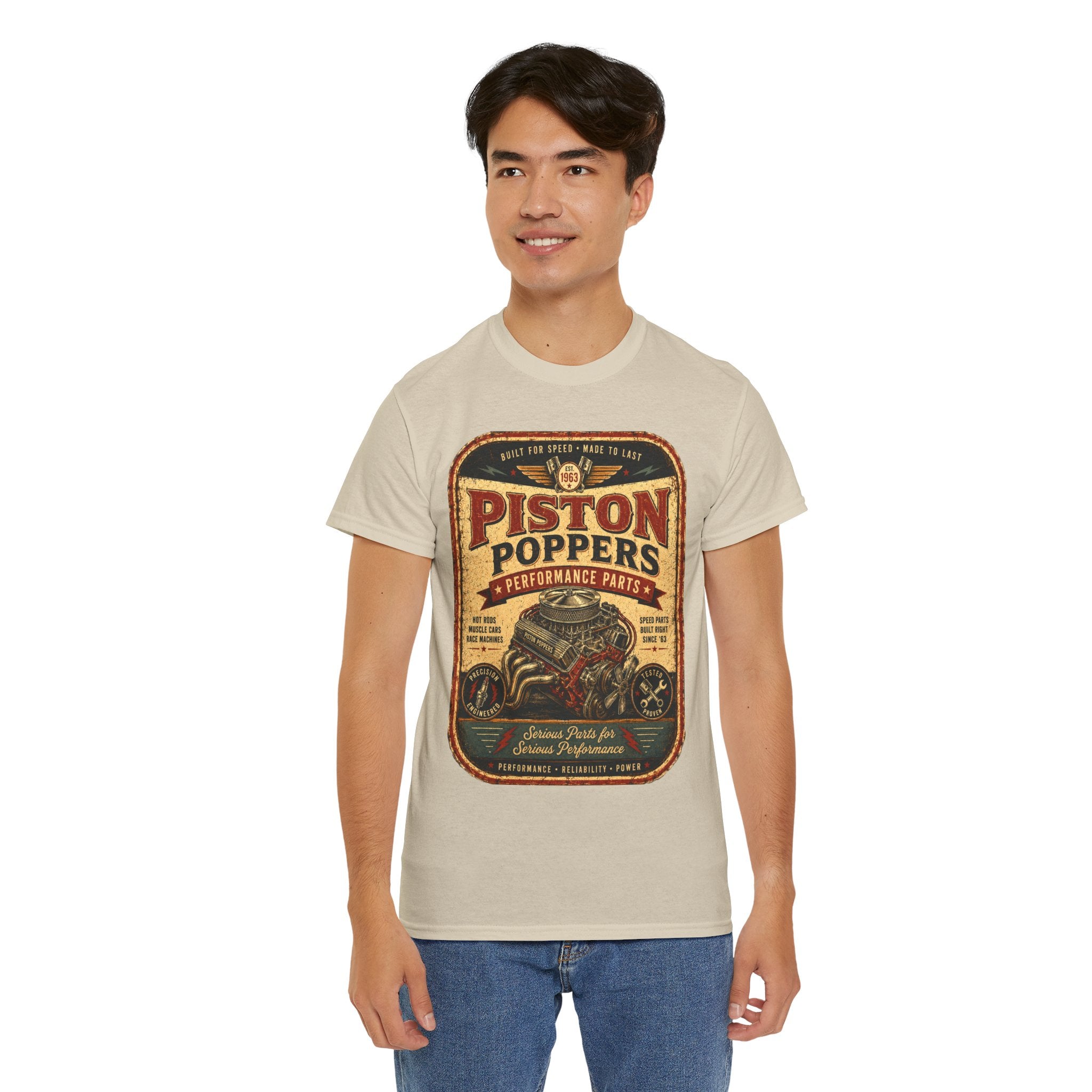Piston Poppers Vintage Car T-Shirt – Retro Hot Rod Mechanic Graphic Tee for Car Enthusiasts