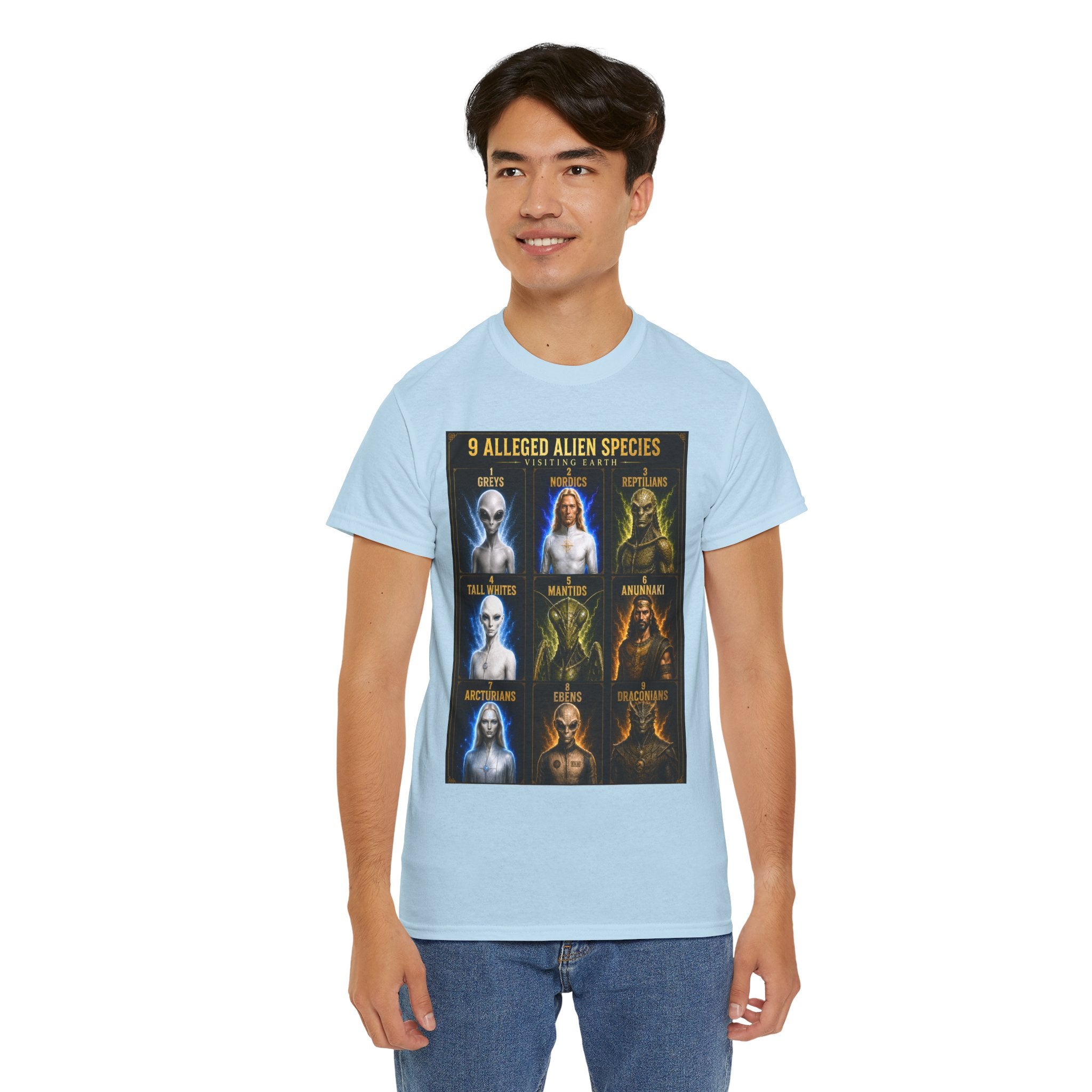 9 Alleged Alien Species T-Shirt – Ancient Aliens Sci-Fi Graphic Tee for UFO Fans