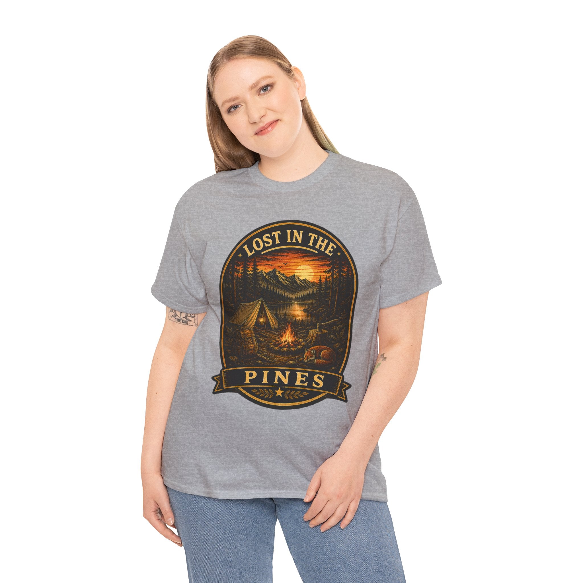 Lost in the Pines Camping T Shirt – Vintage Campfire Mountain Outdoor Graphic Tee