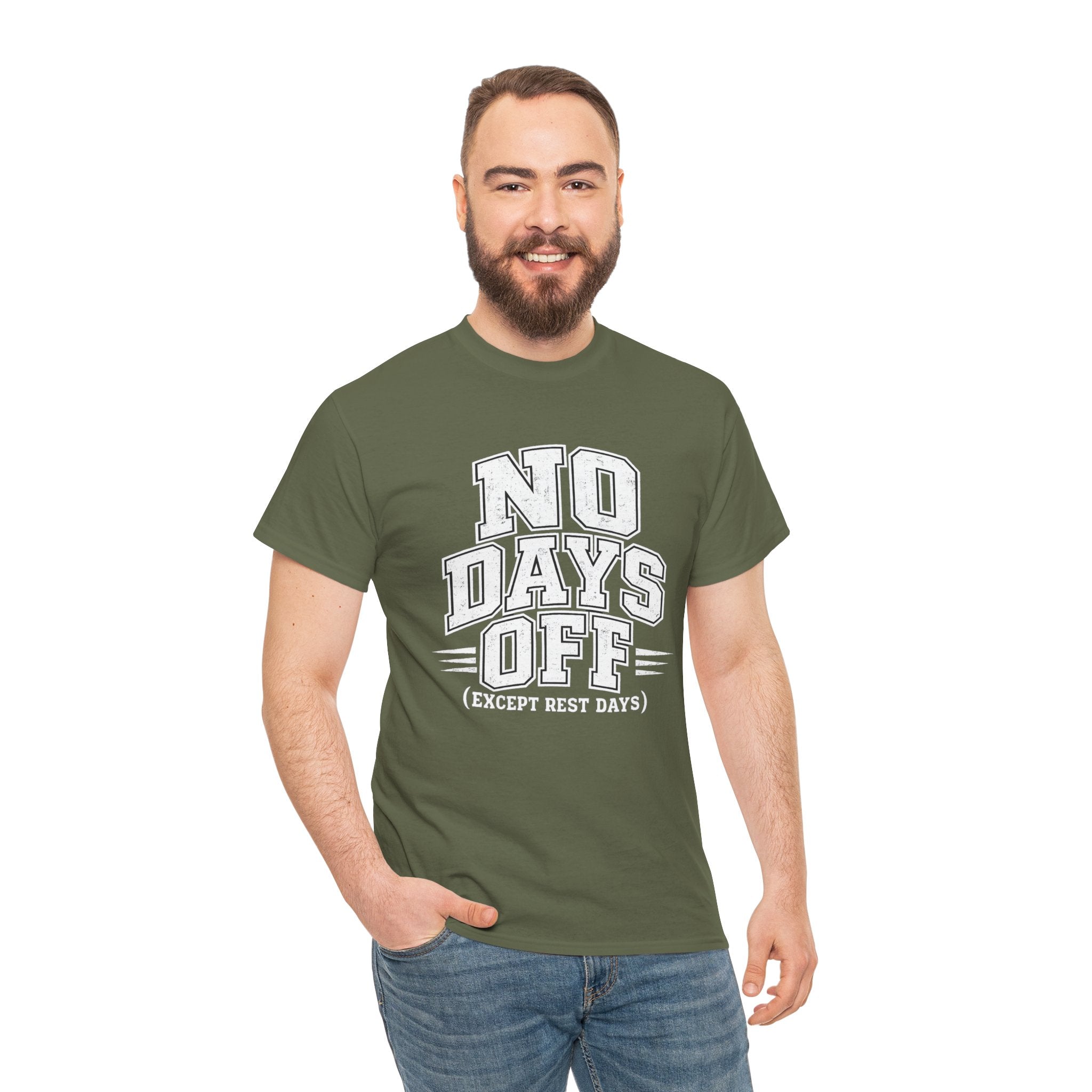 No Days Off (Except Rest Days) T-Shirt Dark – Funny Gym Motivation Graphic Tee