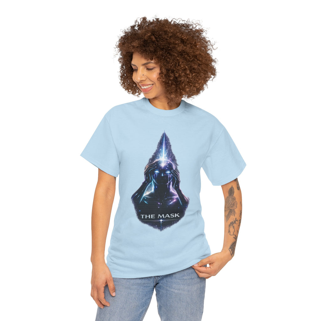 The Mask Cosmic Graphic T Shirt – Mystical Hooded Figure Spiritual Streetwear Tee