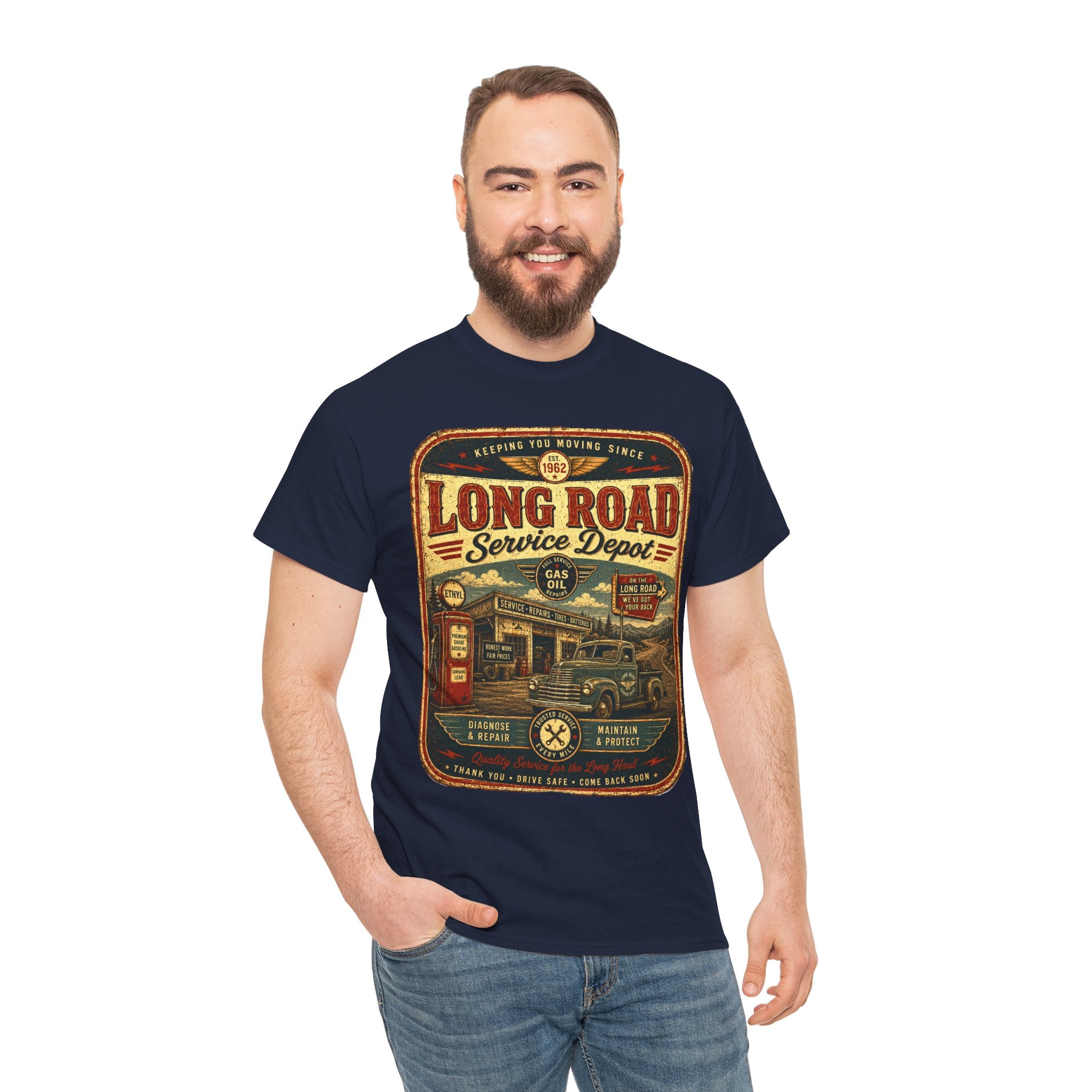 Long Road Service Depot Vintage Gas Station T Shirt – Retro Garage Graphic Tee for Car Lovers