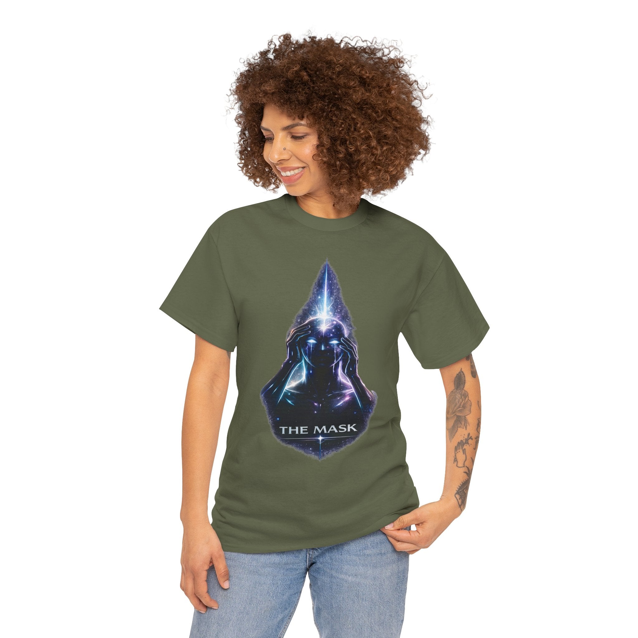 The Mask Cosmic Graphic T Shirt – Mystical Hooded Figure Spiritual Streetwear Tee