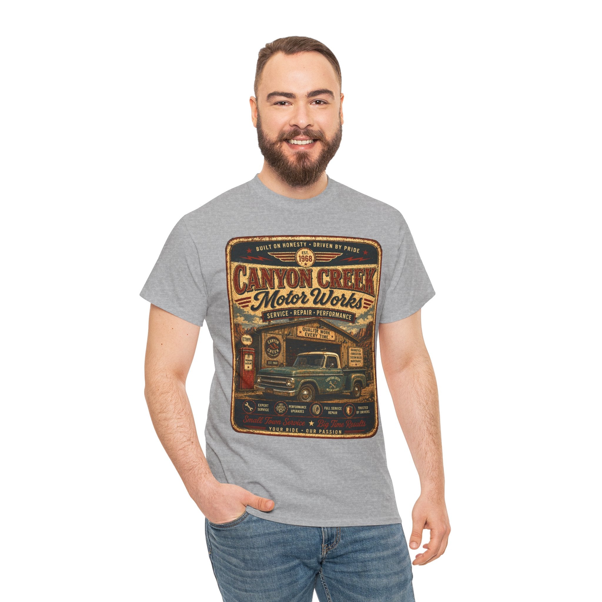 Canyon Creek Motor Works Vintage Mechanic T Shirt – Retro Pickup Truck Graphic Tee