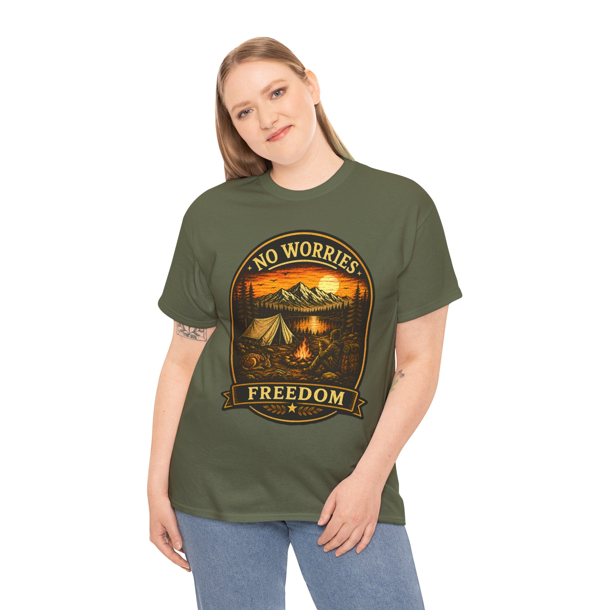 No Worries Freedom Camping T Shirt – Vintage Mountain Campfire Outdoor Graphic Tee