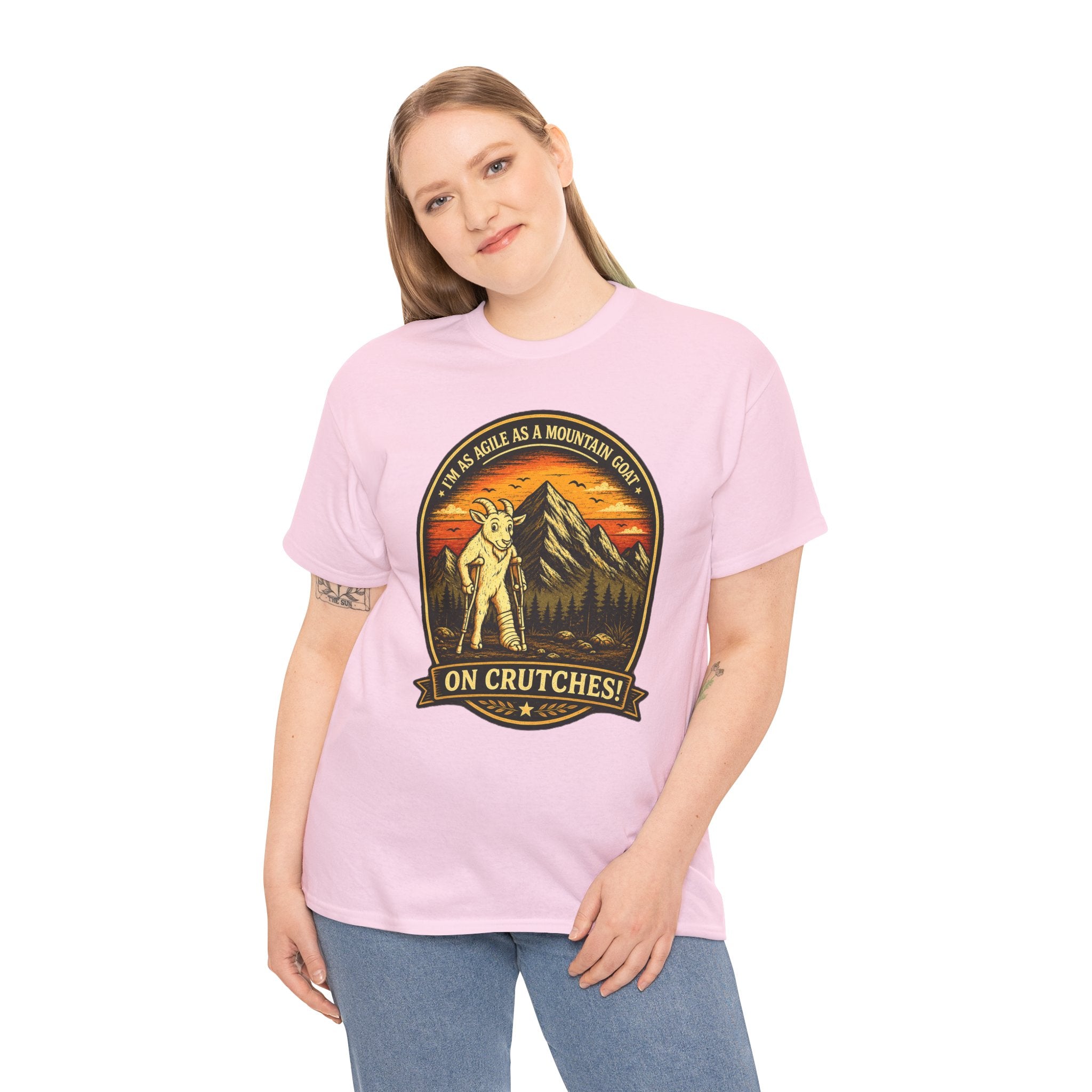 Funny Mountain Goat On Crutches Retro T Shirt – Hiking Recovery Graphic Tee for Campers & Outdoor Lovers