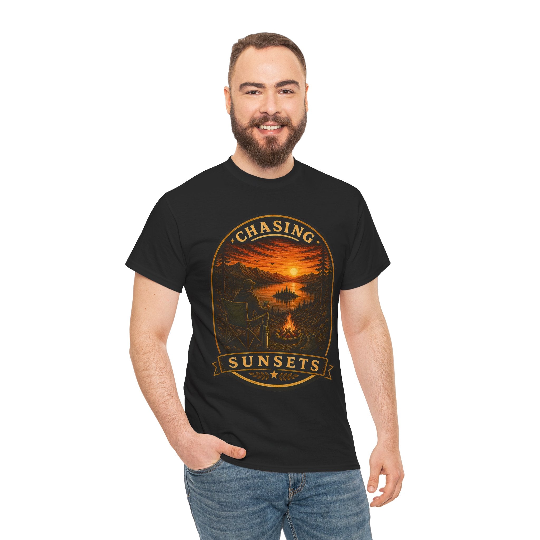 Chasing Sunsets Camping T Shirt – Vintage Sunset Campfire Outdoor Graphic Tee
