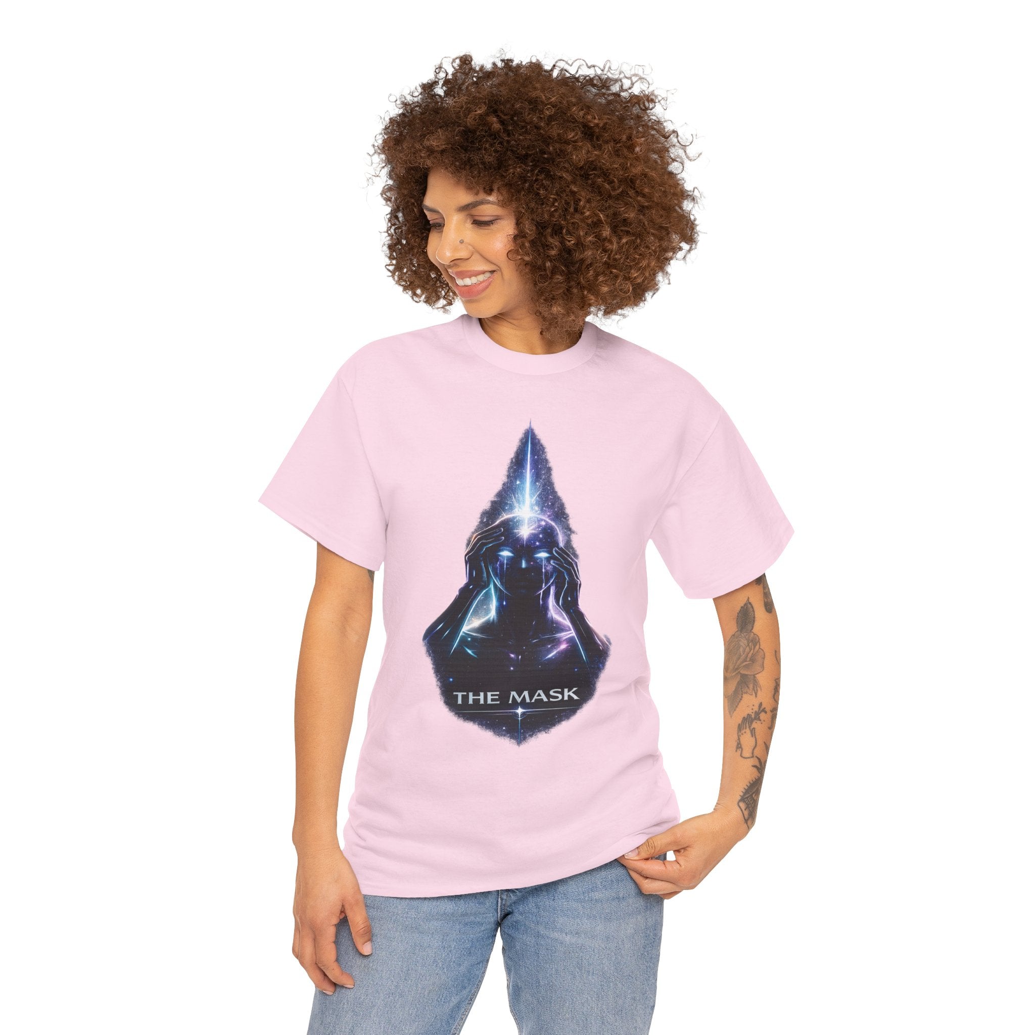 The Mask Cosmic Graphic T Shirt – Mystical Hooded Figure Spiritual Streetwear Tee