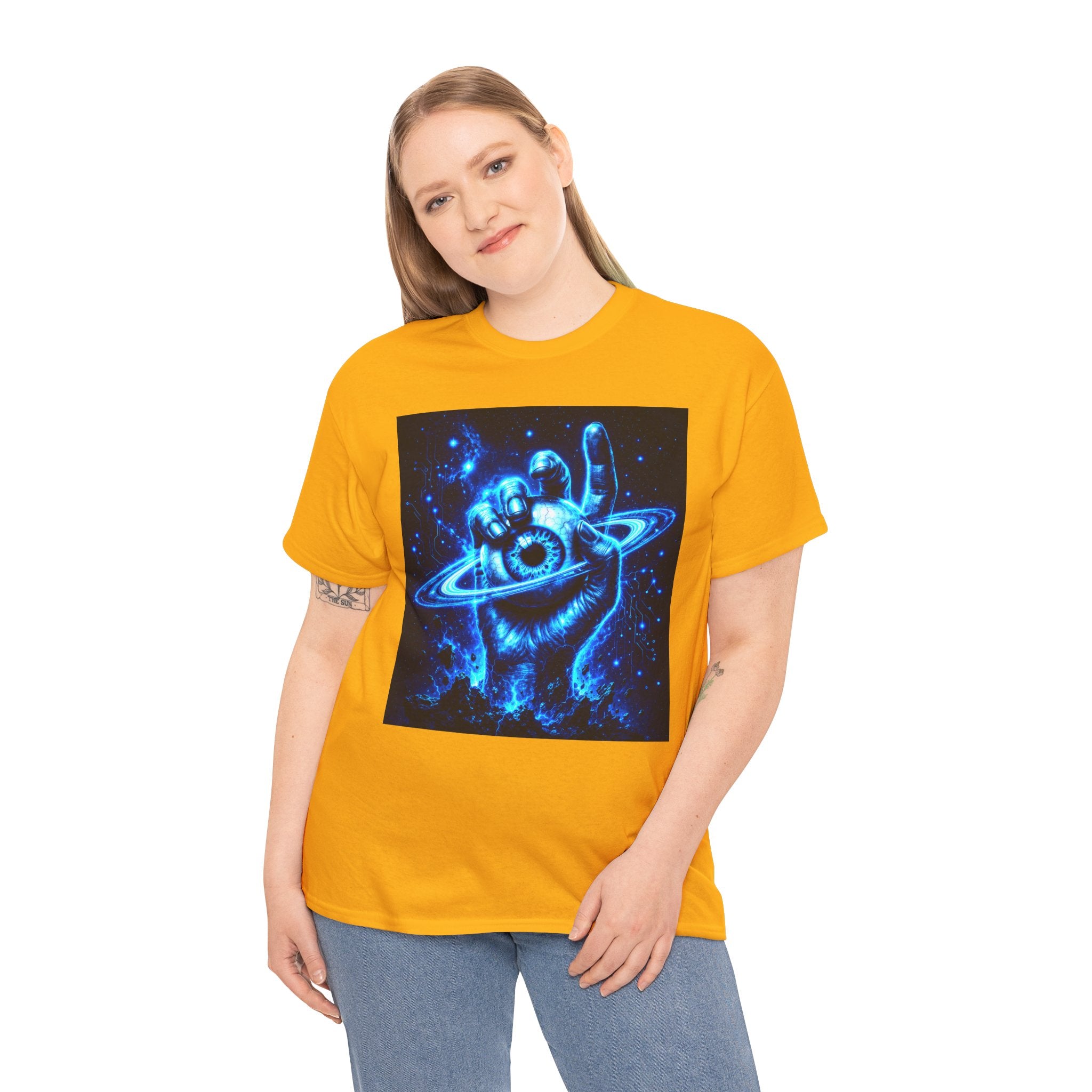 Sci Fi Cosmic Hand Planet Eye T Shirt – Neon Blue Space Graphic Tee