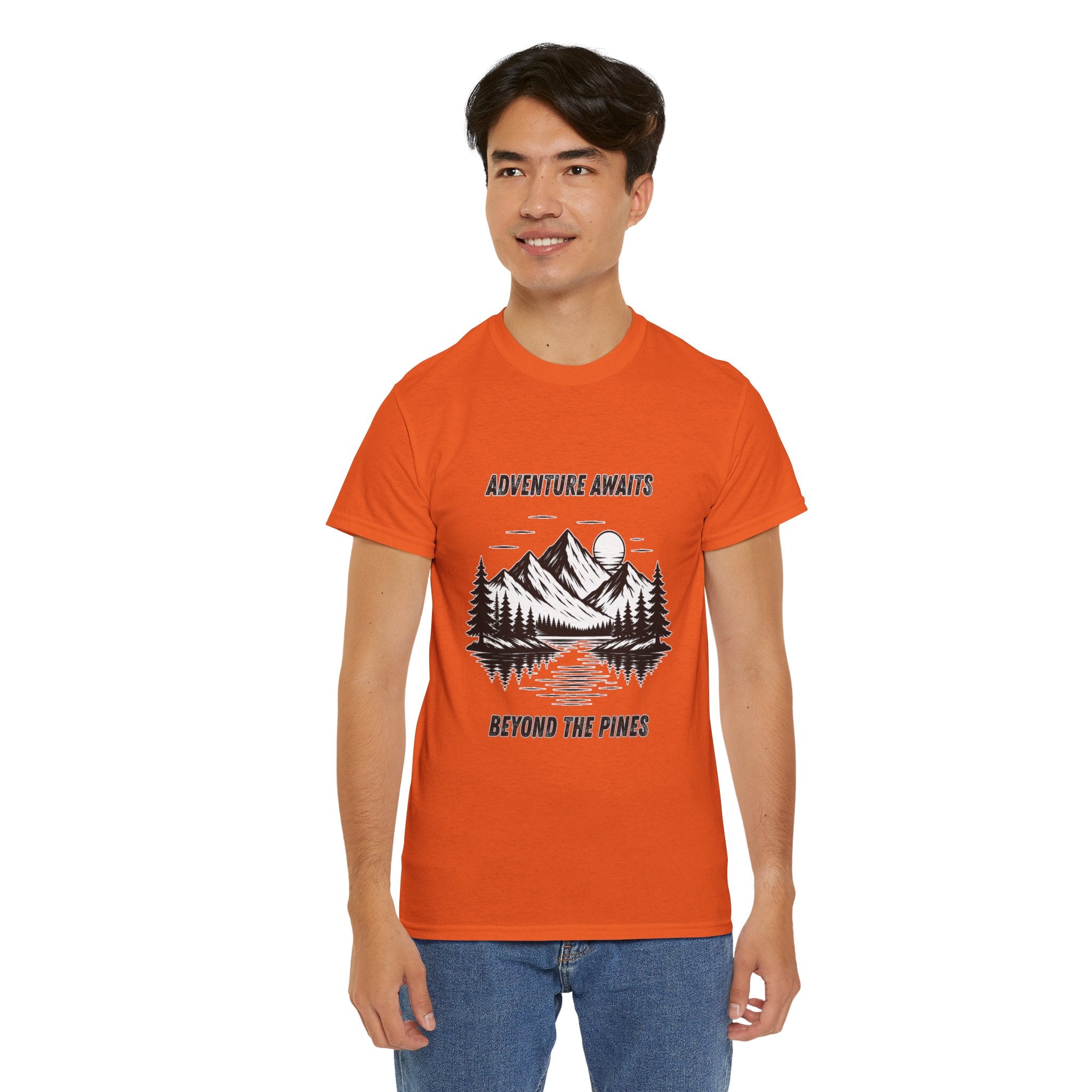 Adventure Awaits Beyond The Pines T Shirt – Mountain Lake Hiking Camping Graphic Tee