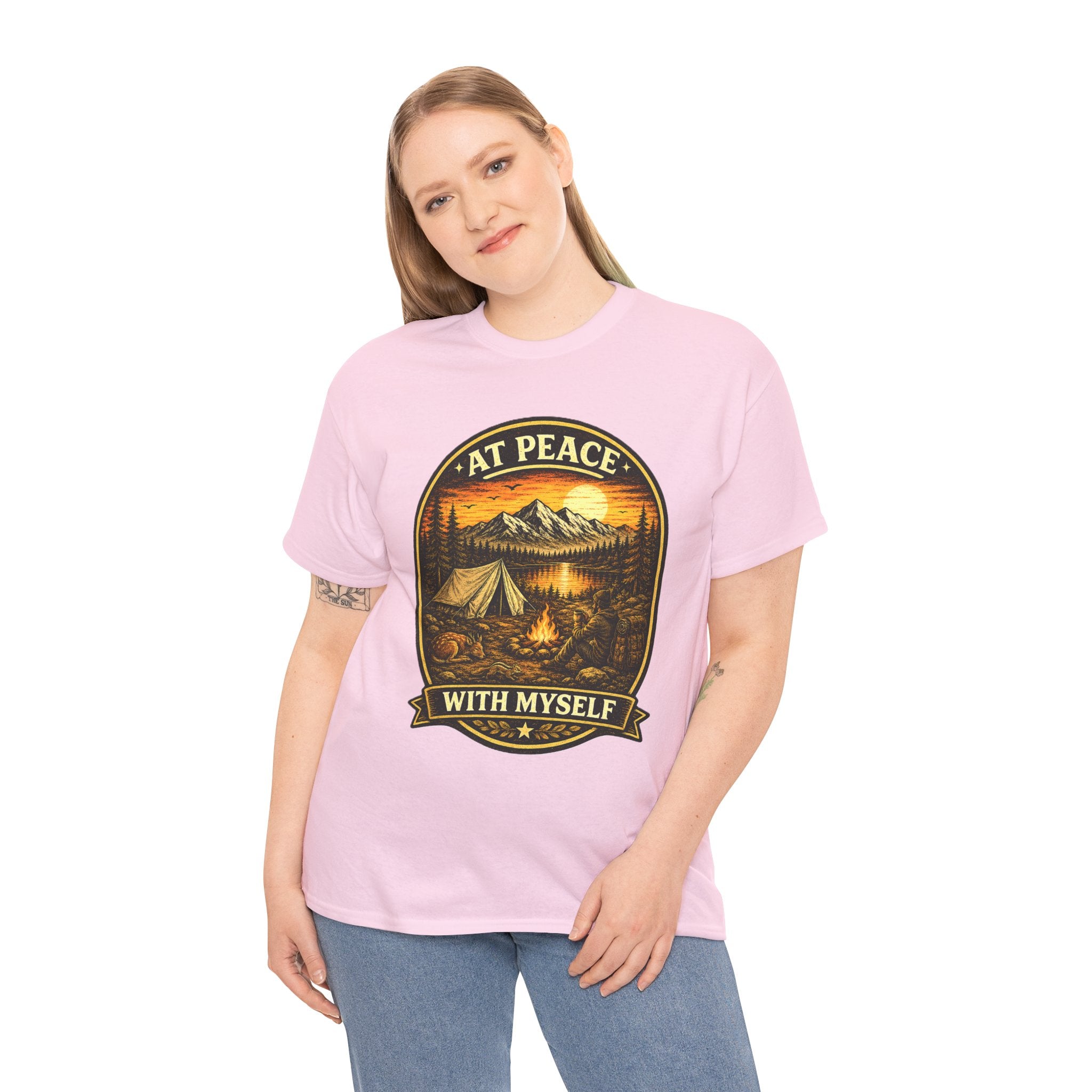 At Peace With Myself Camping T Shirt – Vintage Mountain Campfire Outdoor Graphic Tee