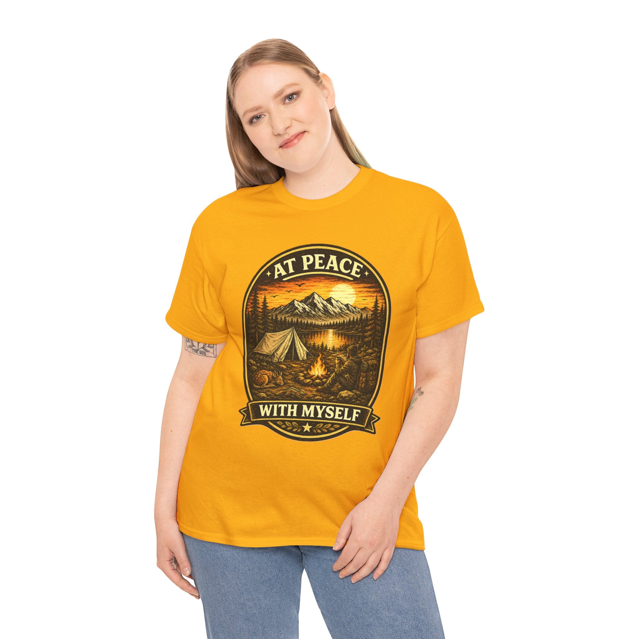 At Peace With Myself Camping T Shirt – Vintage Mountain Campfire Outdoor Graphic Tee