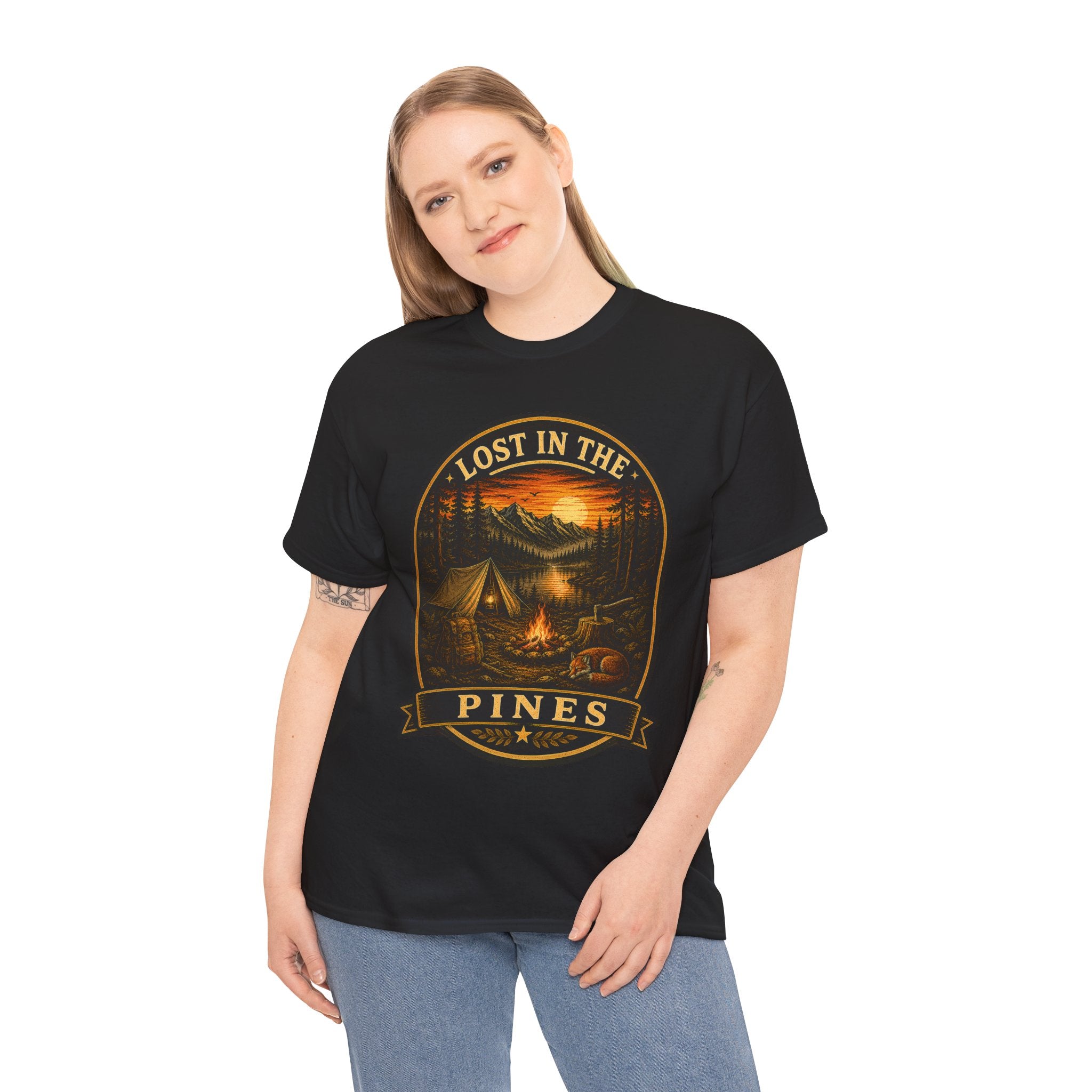 Lost in the Pines Camping T Shirt – Vintage Campfire Mountain Outdoor Graphic Tee
