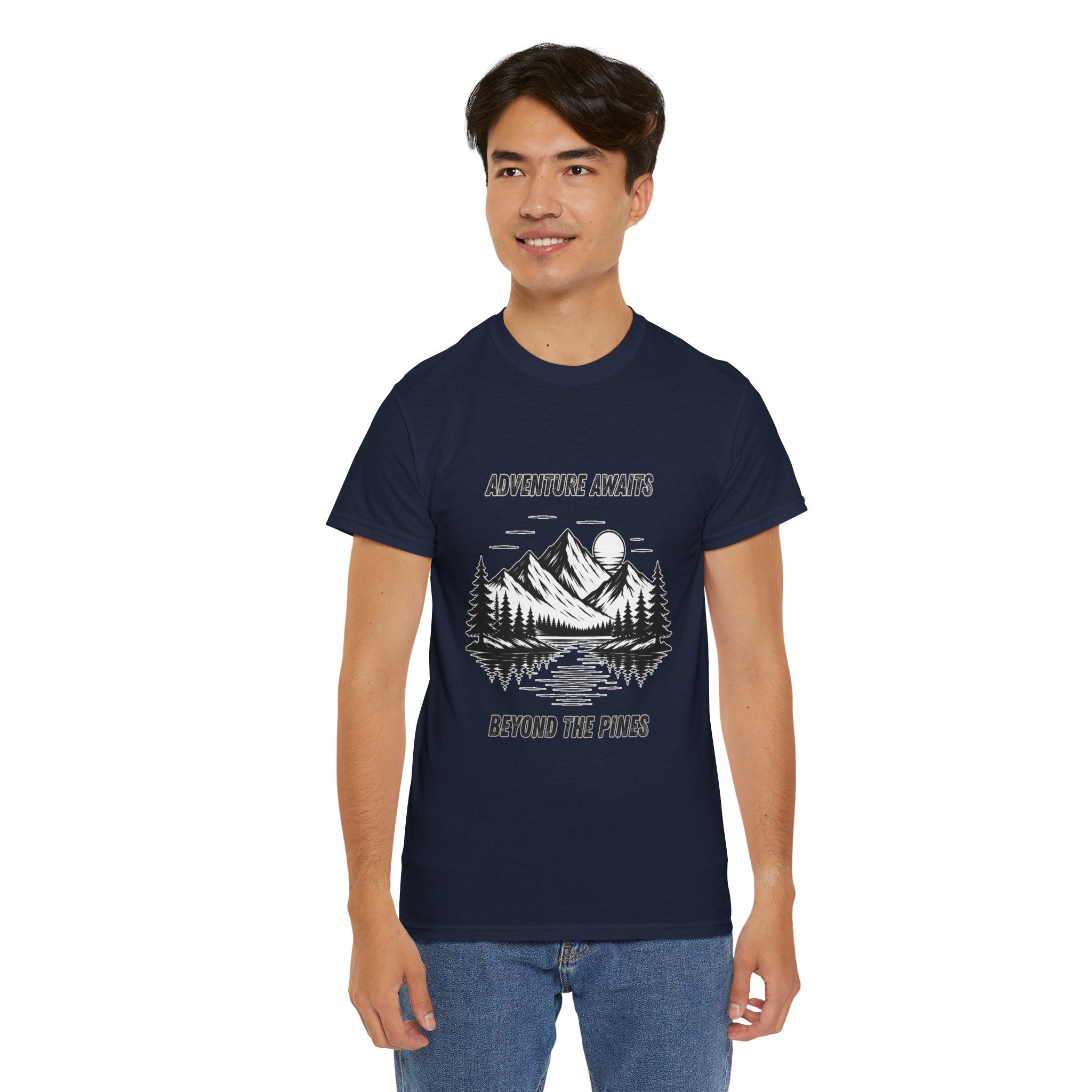 Adventure Awaits Beyond The Pines T Shirt – Mountain Lake Hiking Camping Graphic Tee