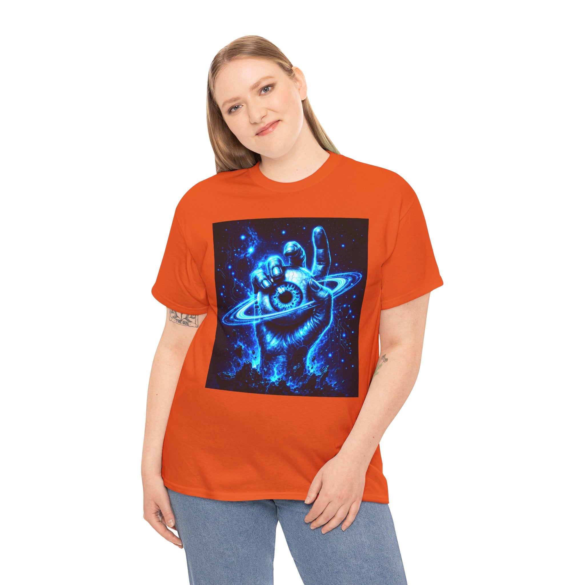 Sci Fi Cosmic Hand Planet Eye T Shirt – Neon Blue Space Graphic Tee