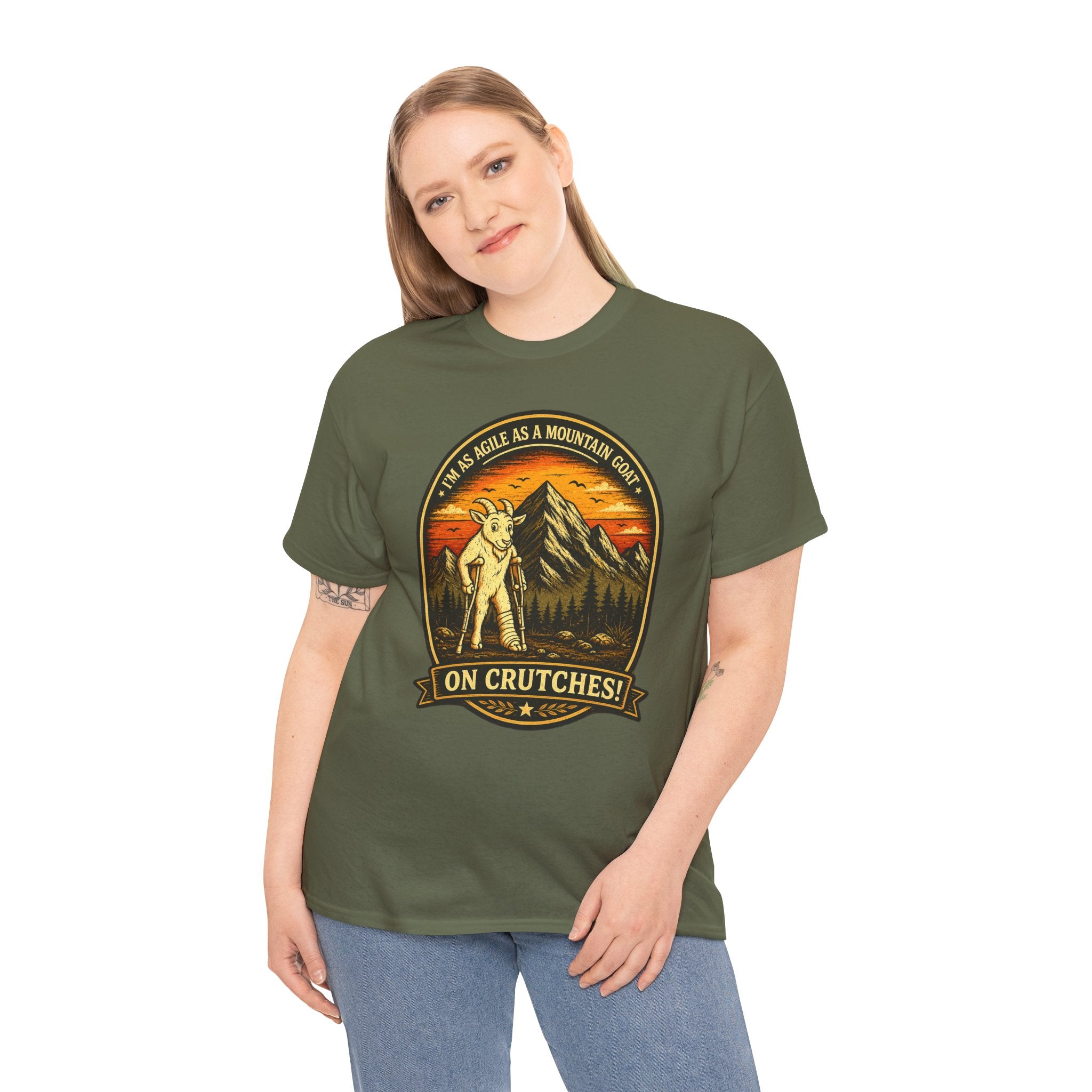 Funny Mountain Goat On Crutches Retro T Shirt – Hiking Recovery Graphic Tee for Campers & Outdoor Lovers