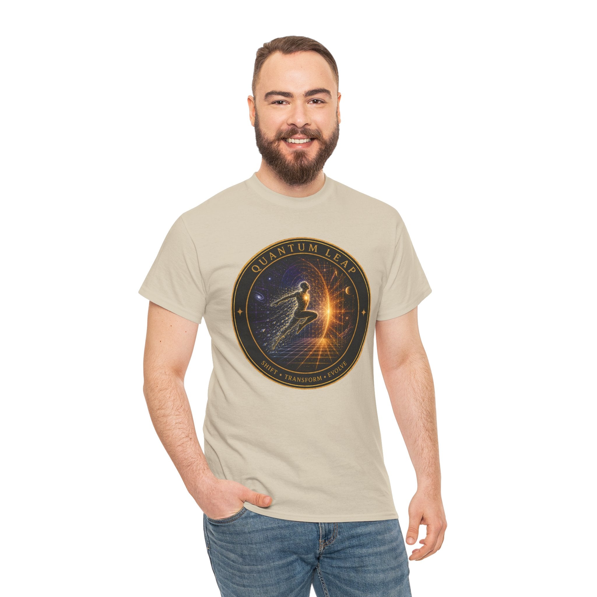 Quantum Leap Badge T-Shirt – Cosmic Transformation Graphic Tee