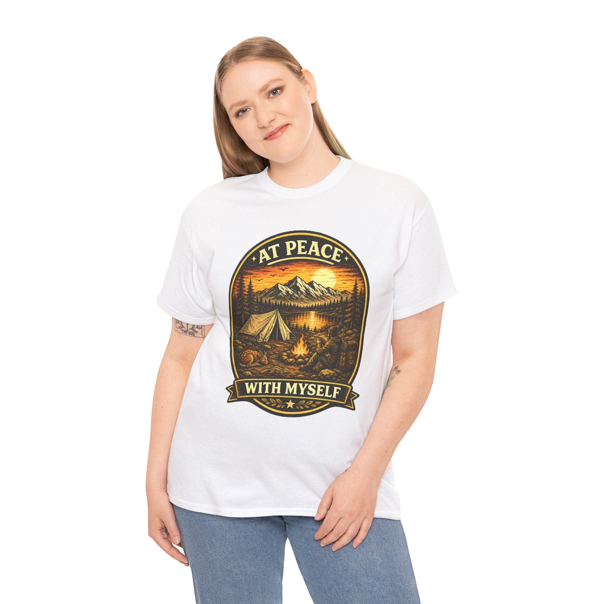 At Peace With Myself Camping T Shirt – Vintage Mountain Campfire Outdoor Graphic Tee