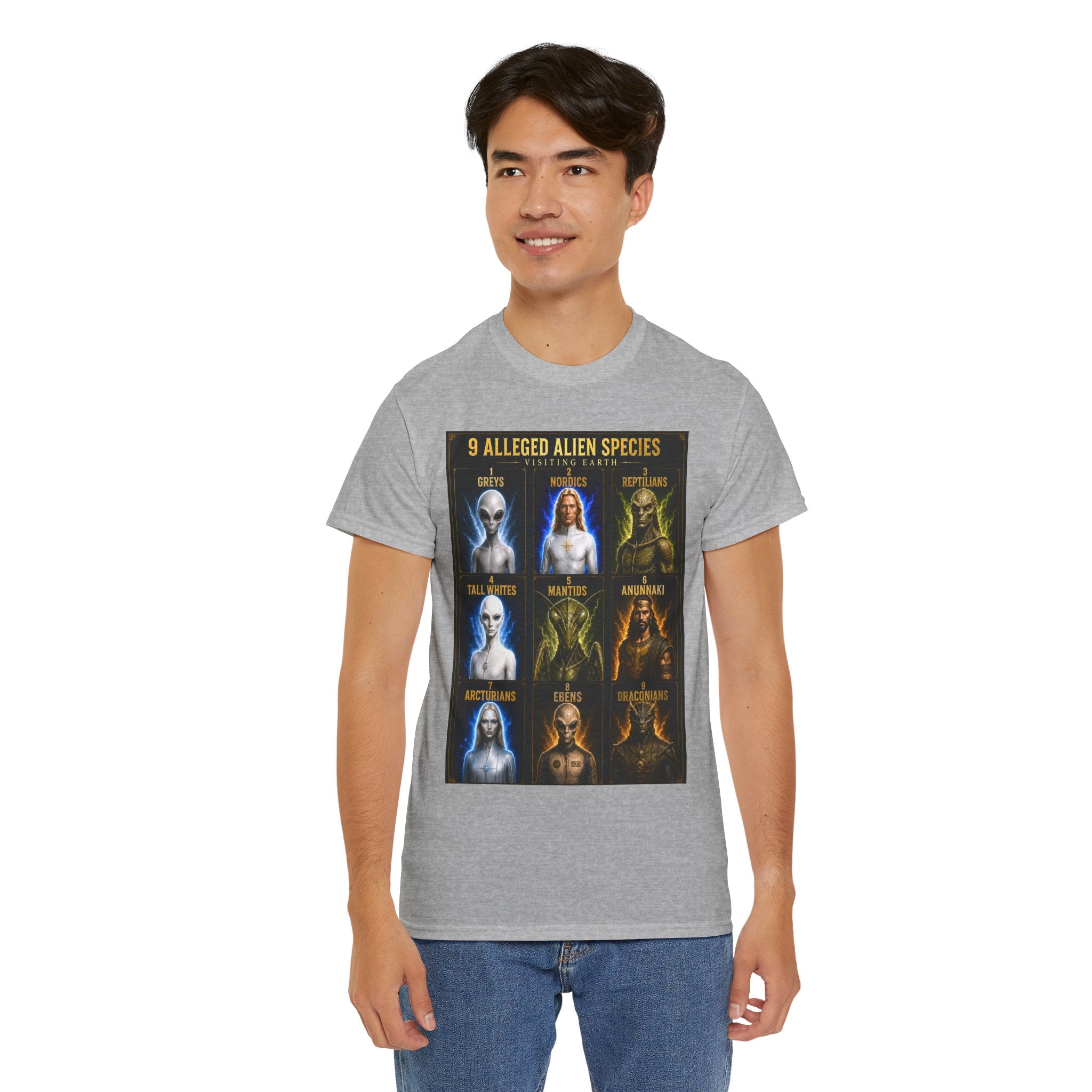 9 Alleged Alien Species T-Shirt – Ancient Aliens Sci-Fi Graphic Tee for UFO Fans