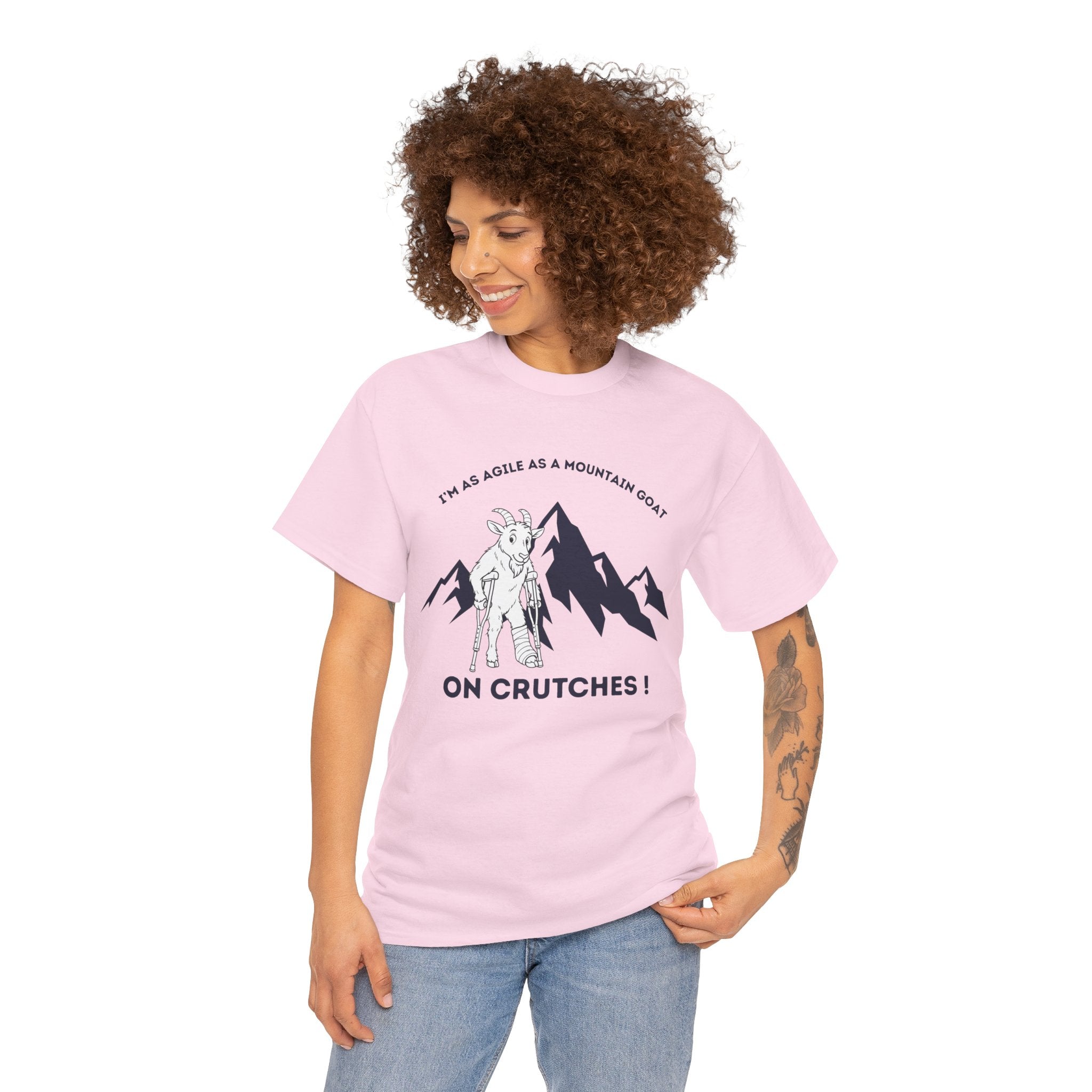 Funny Mountain Goat On Crutches T Shirt – Hiking Recovery Graphic Tee for Campers & Outdoor Lovers