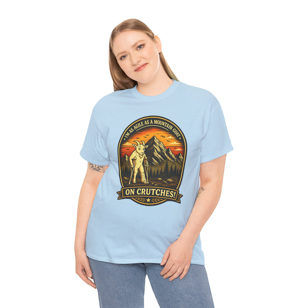 Funny Mountain Goat On Crutches Retro T Shirt – Hiking Recovery Graphic Tee for Campers & Outdoor Lovers