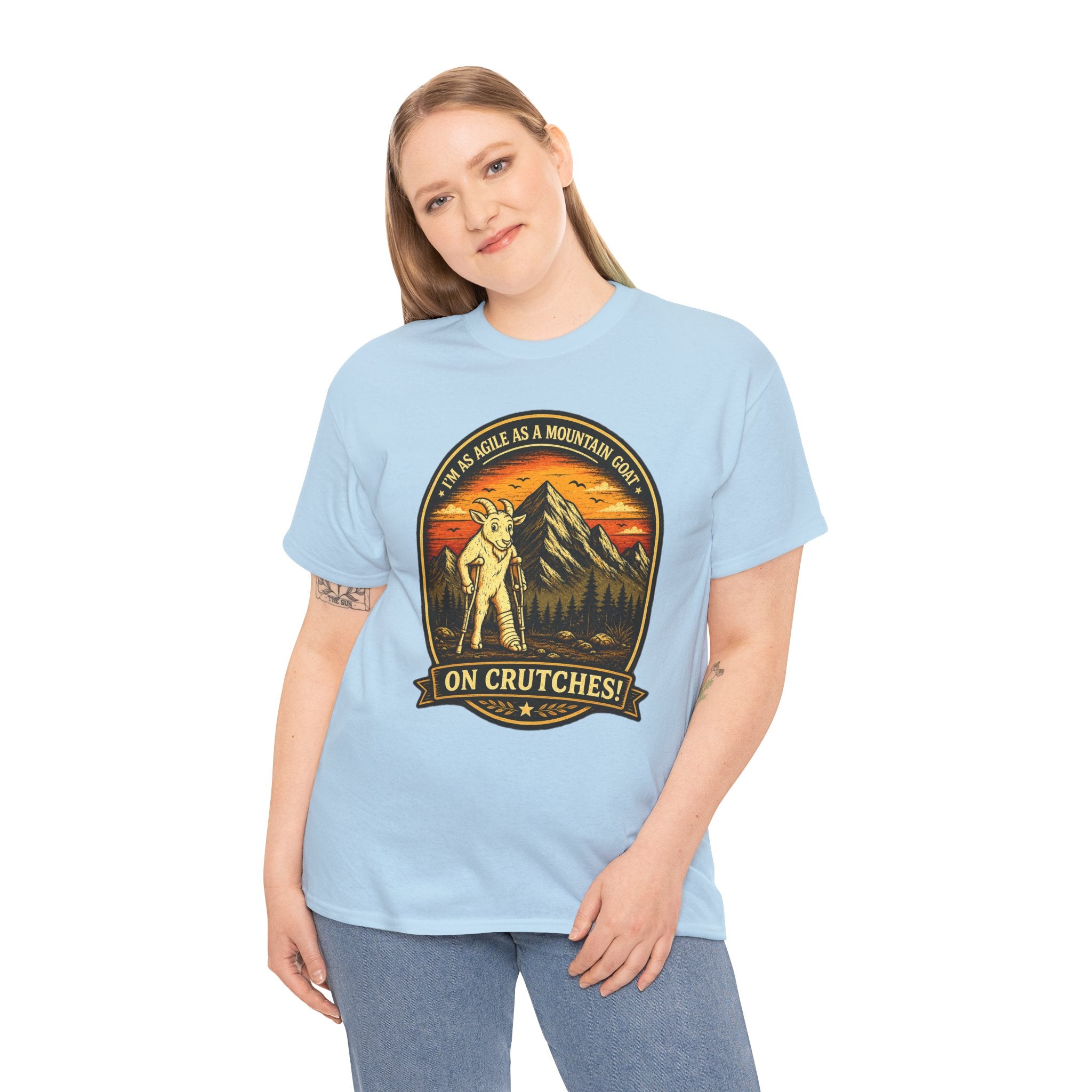 Funny Mountain Goat On Crutches Retro T Shirt – Hiking Recovery Graphic Tee for Campers & Outdoor Lovers