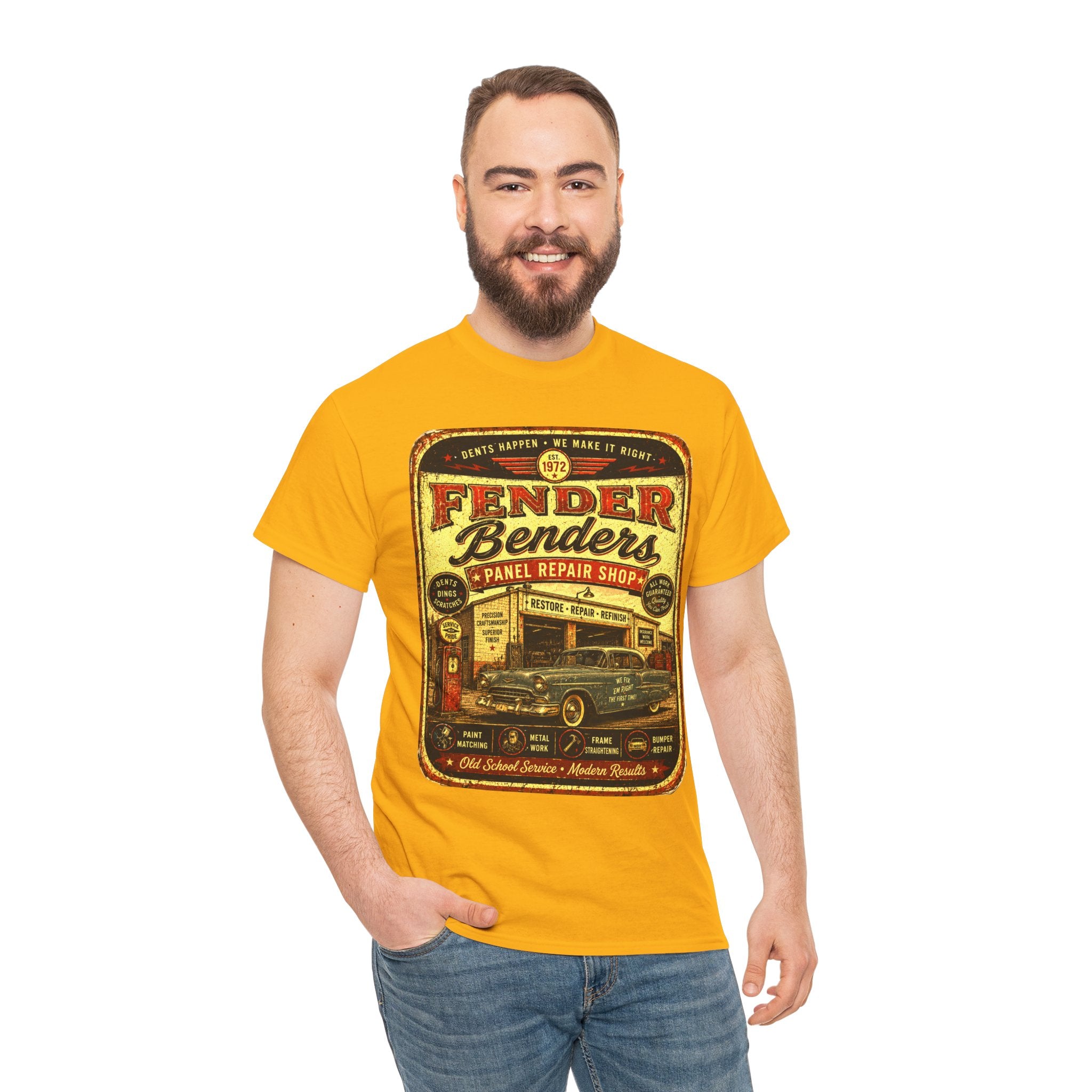 Fender Benders Vintage Panel Repair Shop T-Shirt – Retro Auto Mechanic Garage Graphic Tee