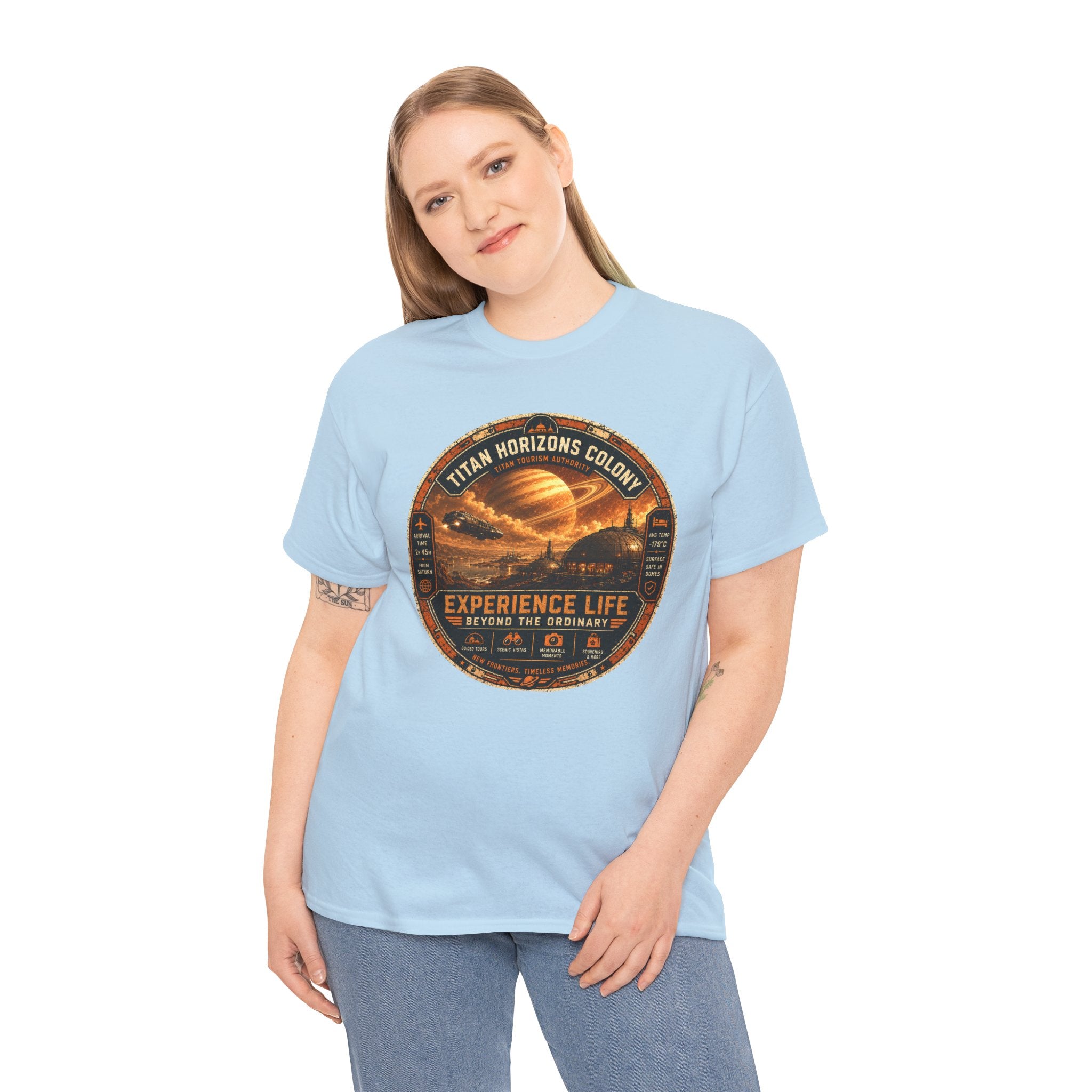 Titan Horizons Colony T Shirt – Retro Sci Fi Space Travel Graphic Tee