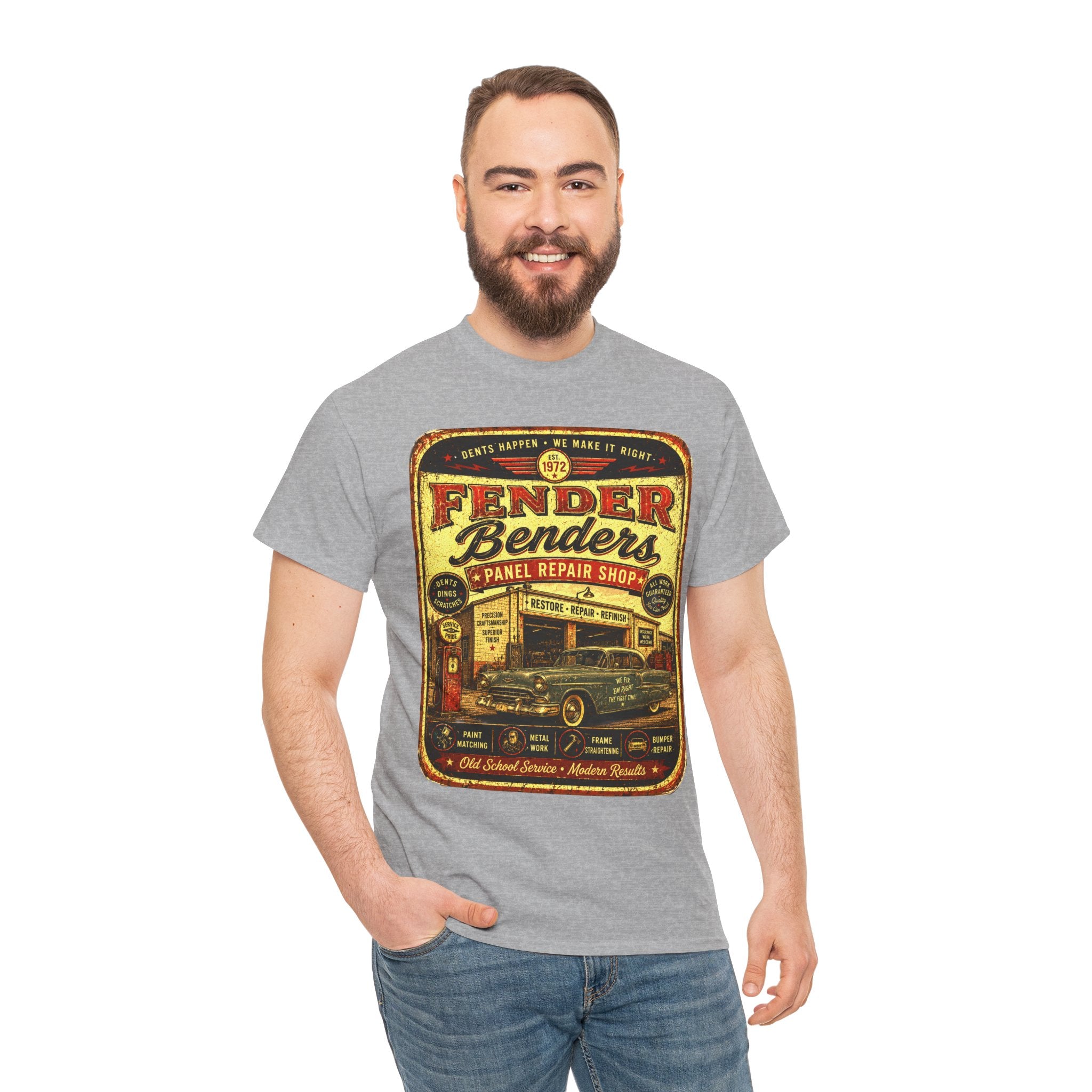 Fender Benders Vintage Panel Repair Shop T-Shirt – Retro Auto Mechanic Garage Graphic Tee