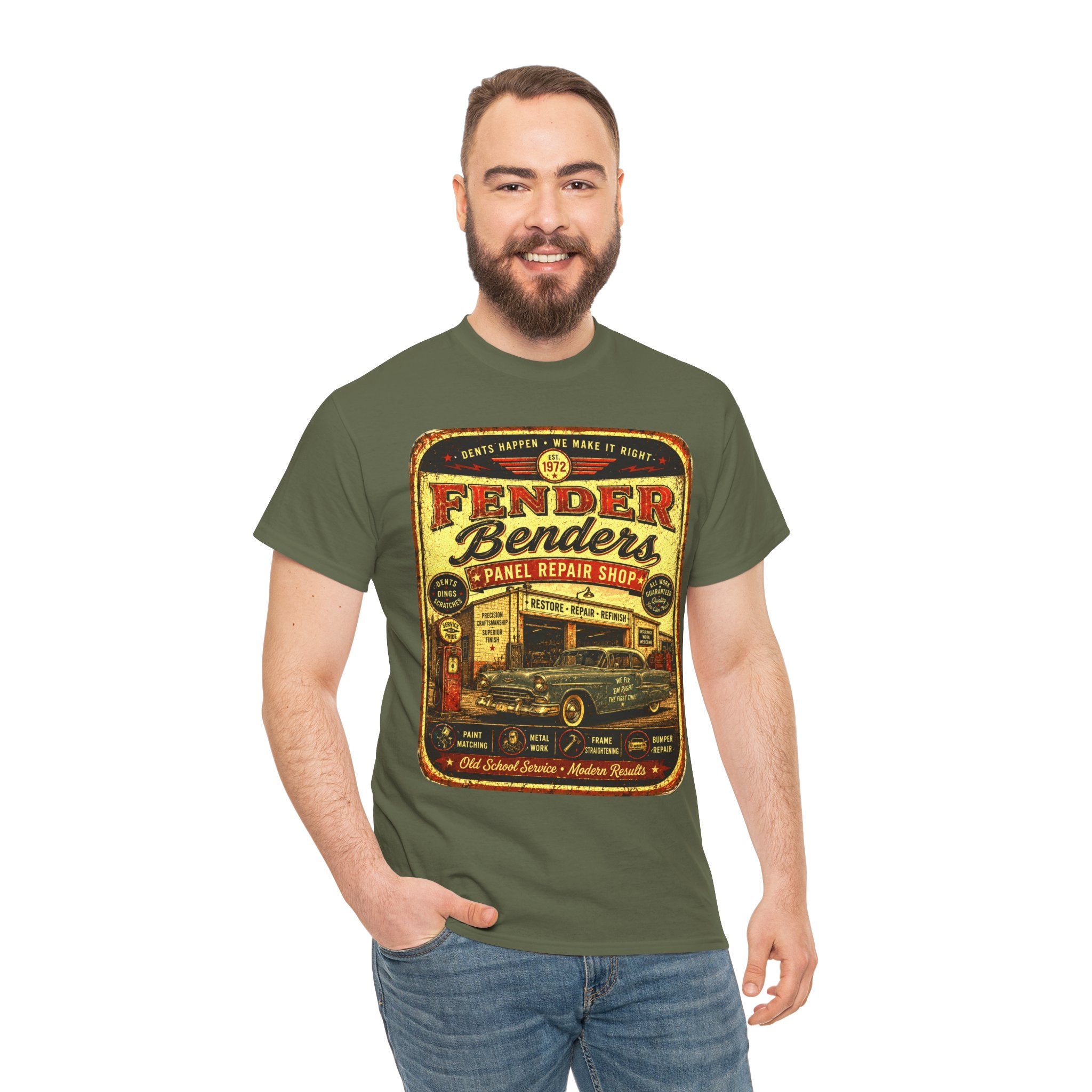 Fender Benders Vintage Panel Repair Shop T-Shirt – Retro Auto Mechanic Garage Graphic Tee