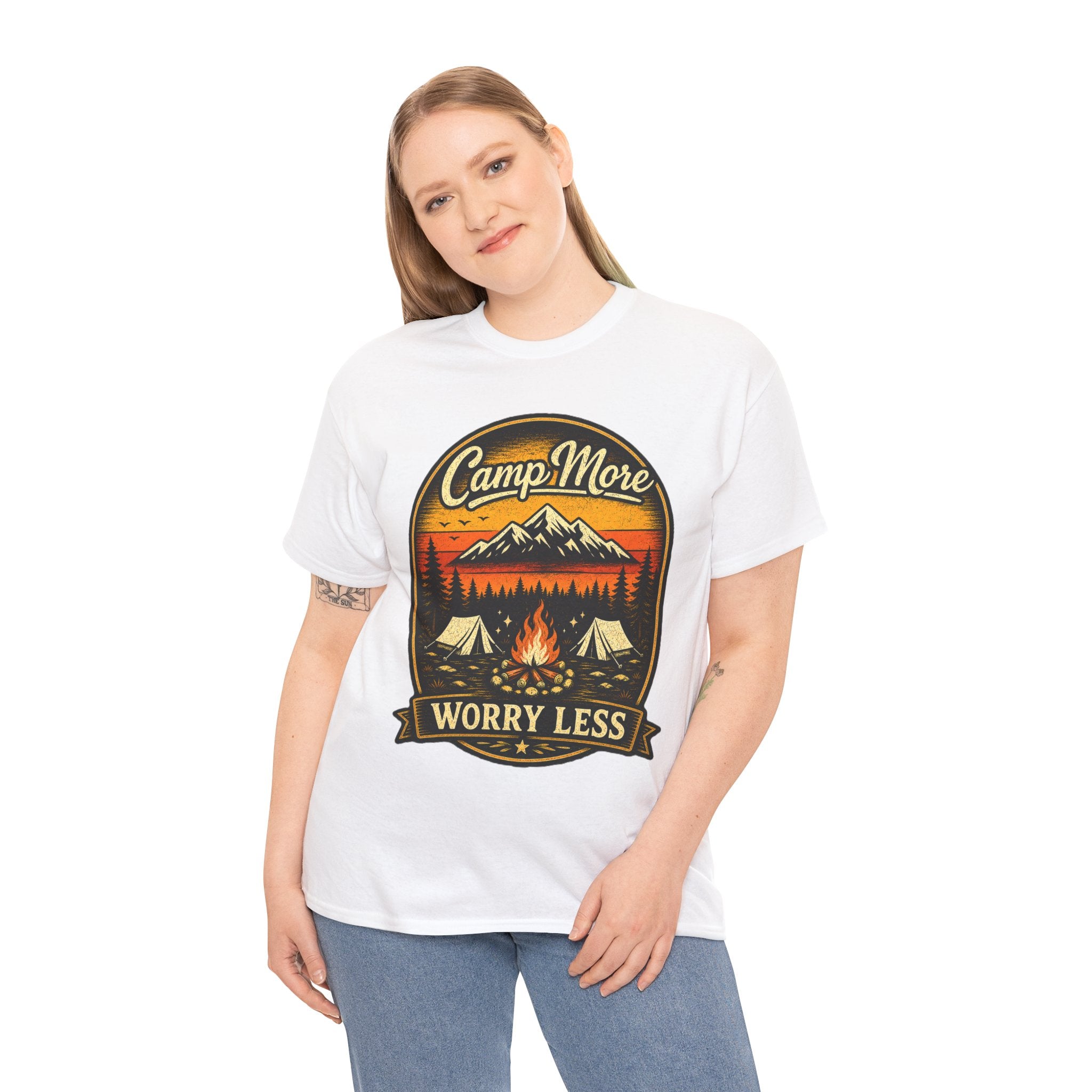 Camp More Worry Less T Shirt – Vintage Camping Graphic Tee for Hikers & Outdoor Lovers